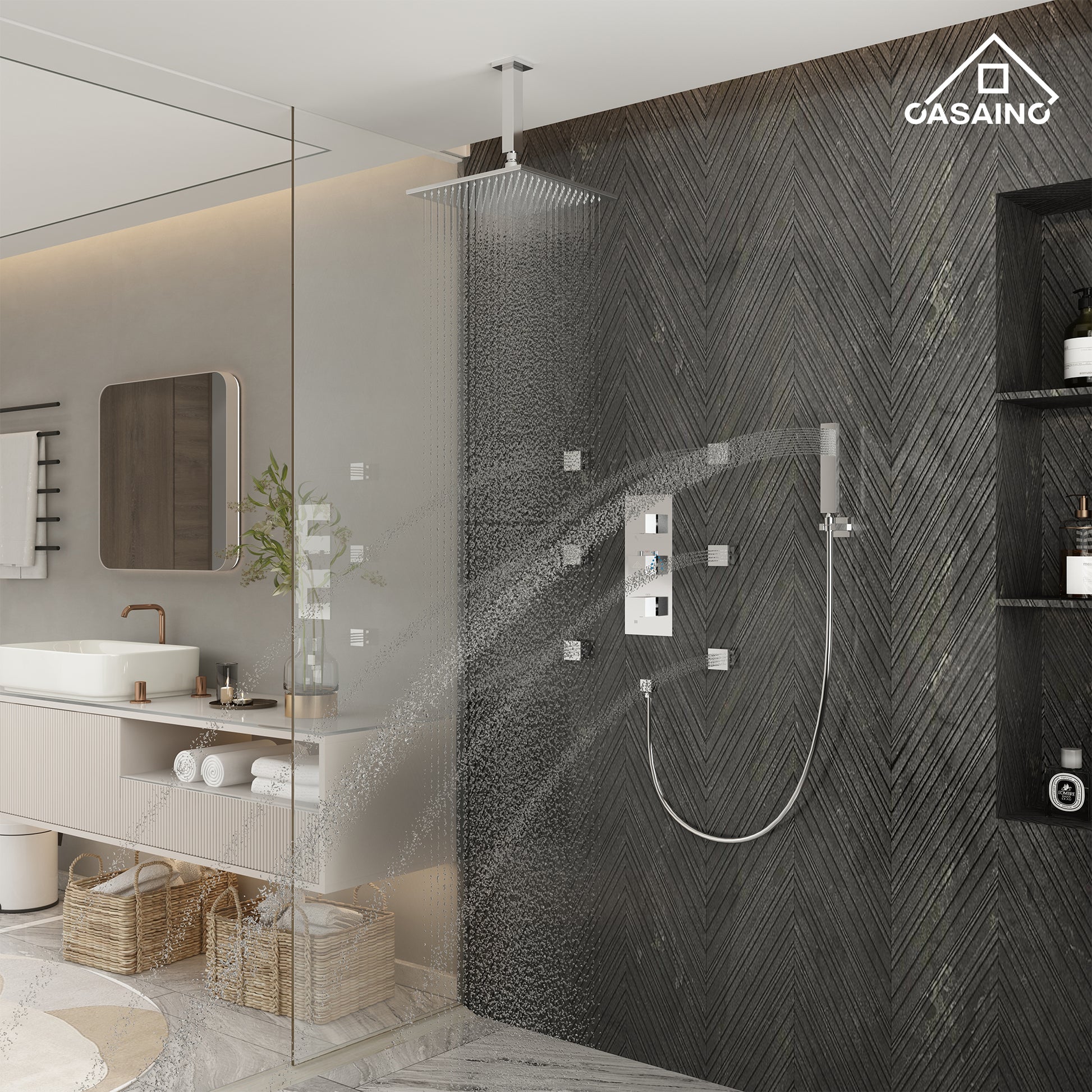 12" Ceiling Mount Luxury Shower System with LED Light & 6 Body Jets