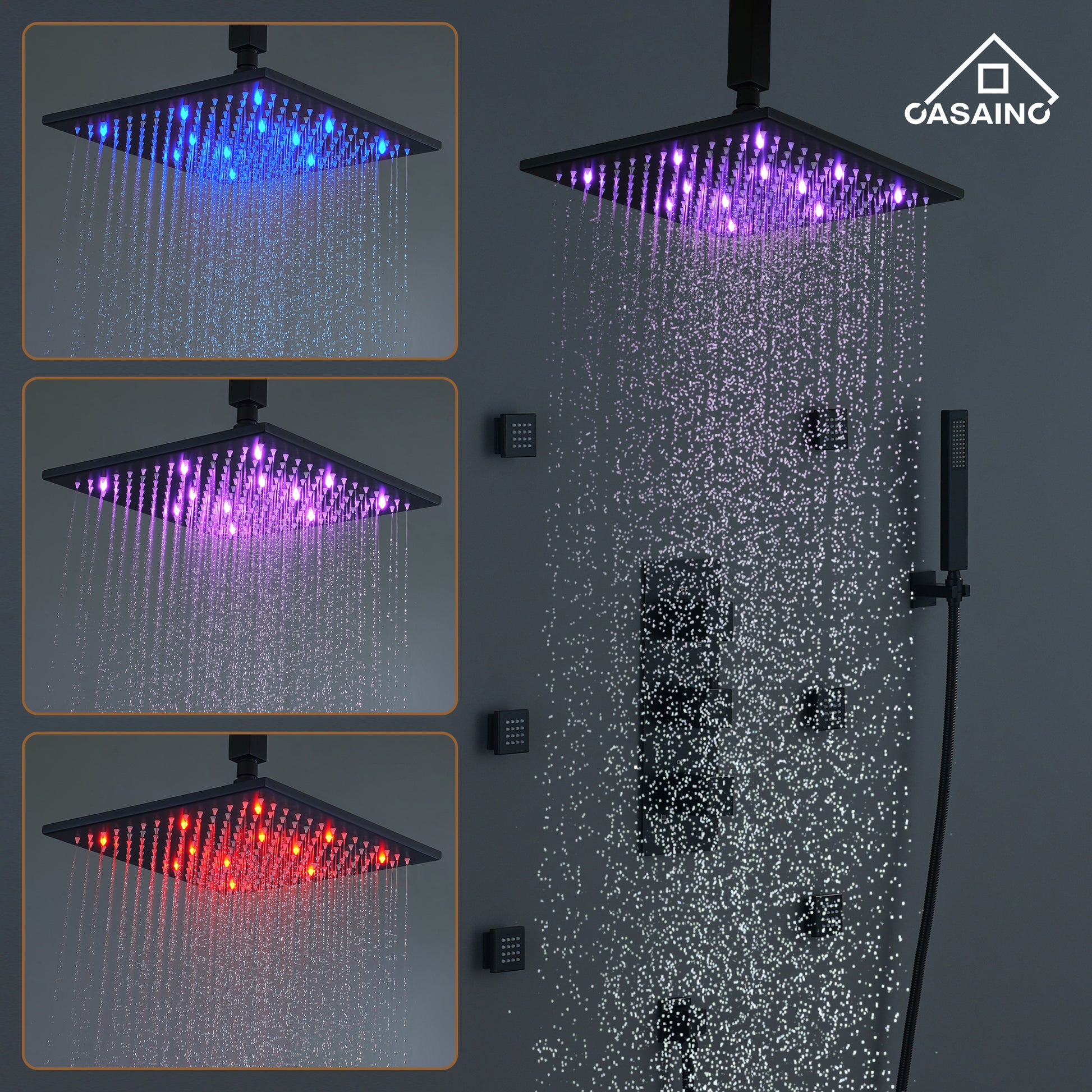 12" Ceiling Mount Luxury Shower System with LED Light & 6 Body Jets