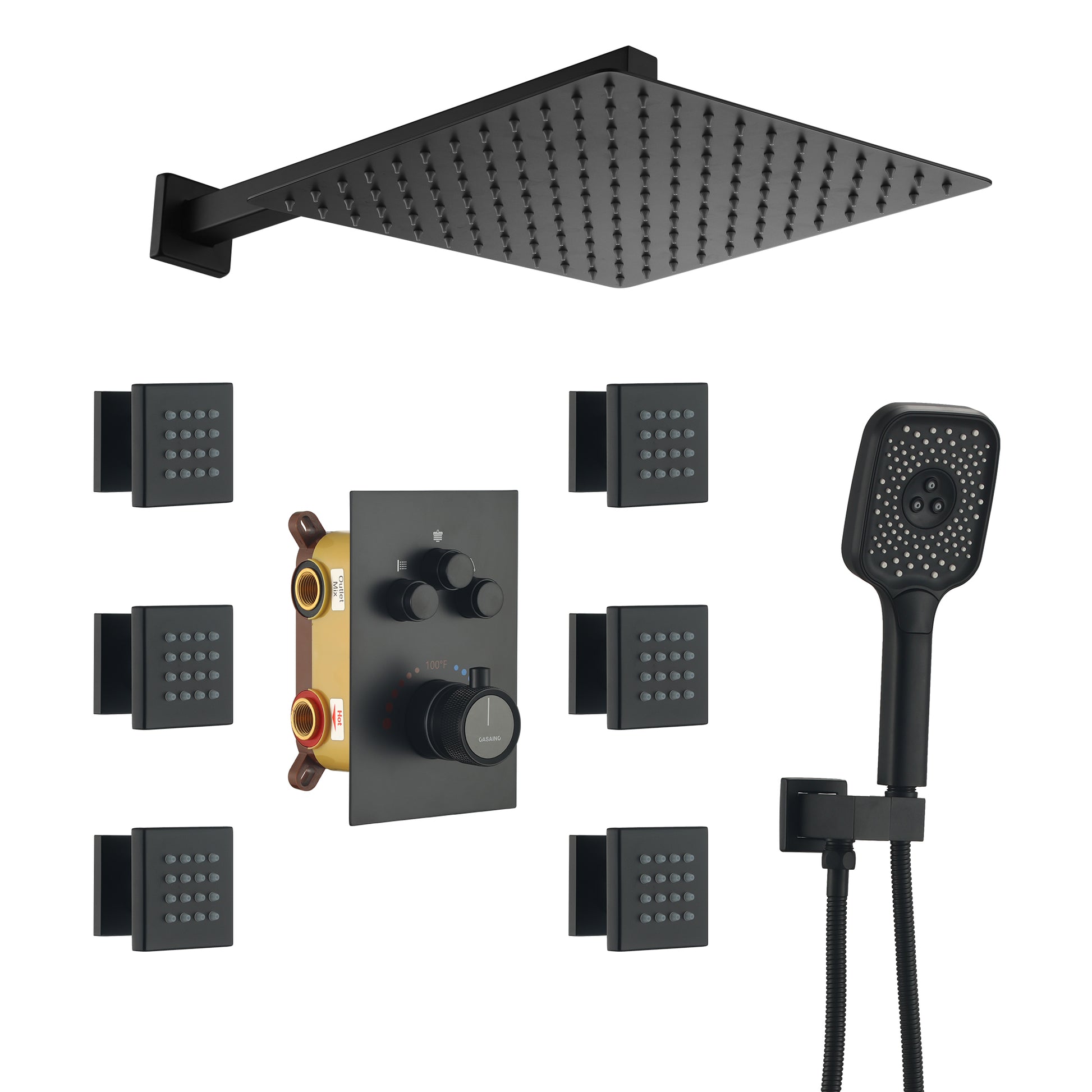 Wall Mount 12 Inch Rainfall Shower Head 3 Function Thermostatic Shower System  with 6 Body Jets