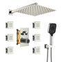 Stainless Steel Wall Mount 12 Inch Rainfall Shower Head Thermostatic Shower Systems with 6 Body Jets and Hand Showers, silver tones shower head