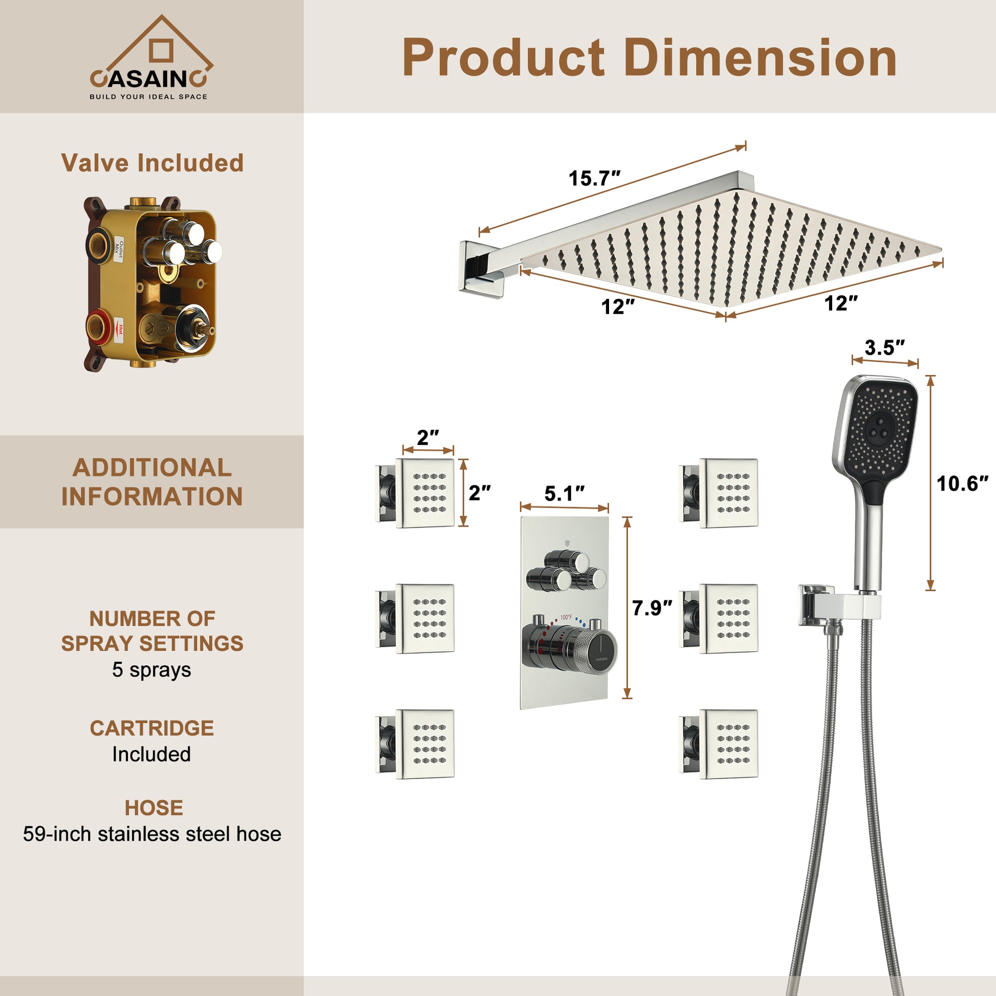 Wall Mount 12 Inch Rainfall Shower Head 3 Function Thermostatic Shower System  with 6 Body Jets