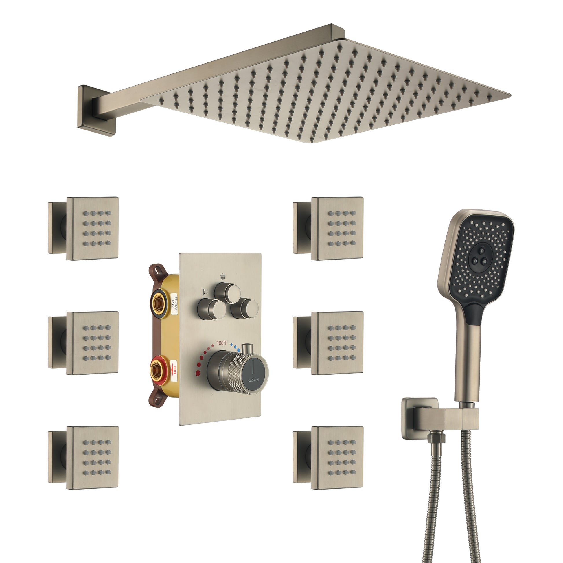 Wall Mount 12 Inch Rainfall Shower Head 3 Function Thermostatic Shower System  with 6 Body Jets