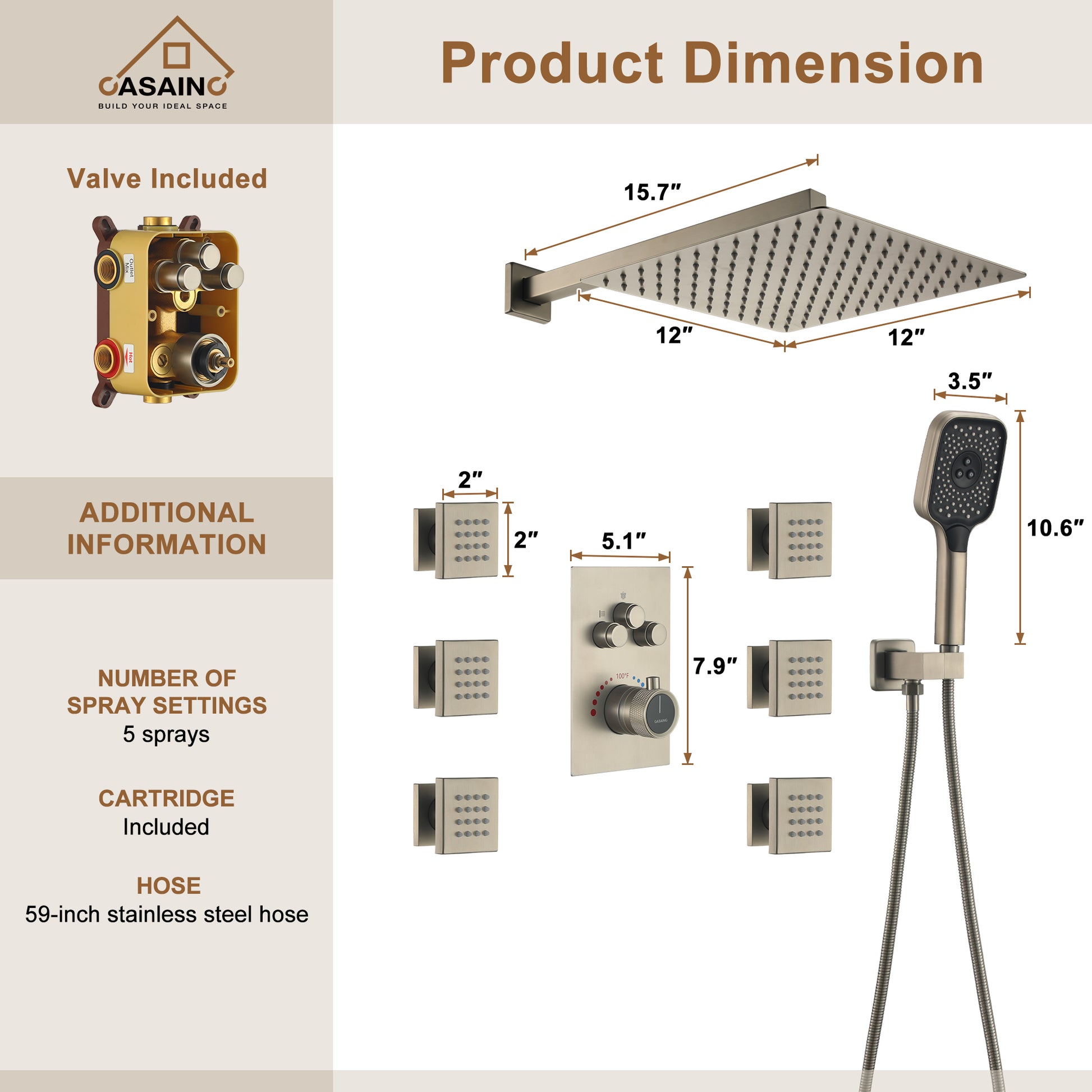Wall Mount 12 Inch Rainfall Shower Head 3 Function Thermostatic Shower System  with 6 Body Jets