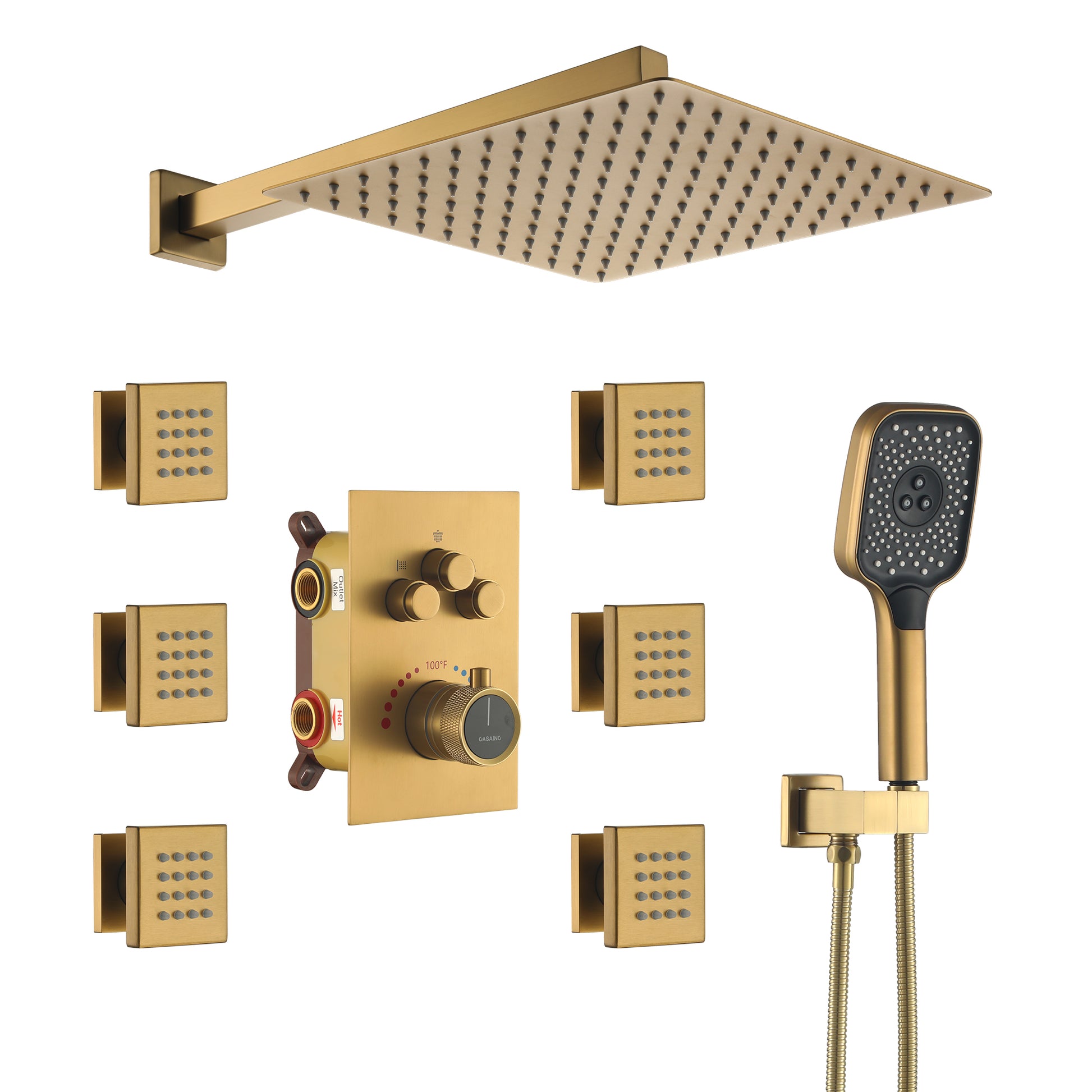 Wall Mount 12 Inch Rainfall Shower Head 3 Function Thermostatic Shower System  with 6 Body Jets