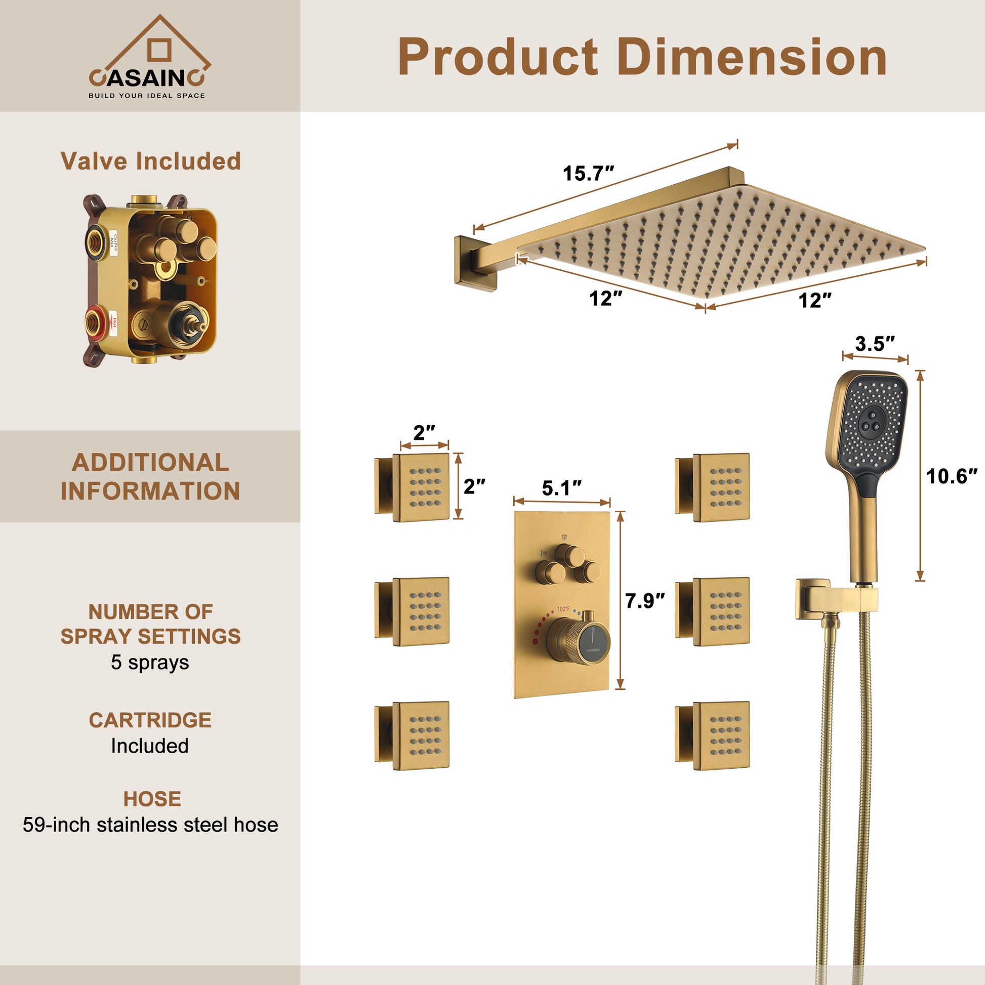 Wall Mount 12 Inch Rainfall Shower Head 3 Function Thermostatic Shower System  with 6 Body Jets