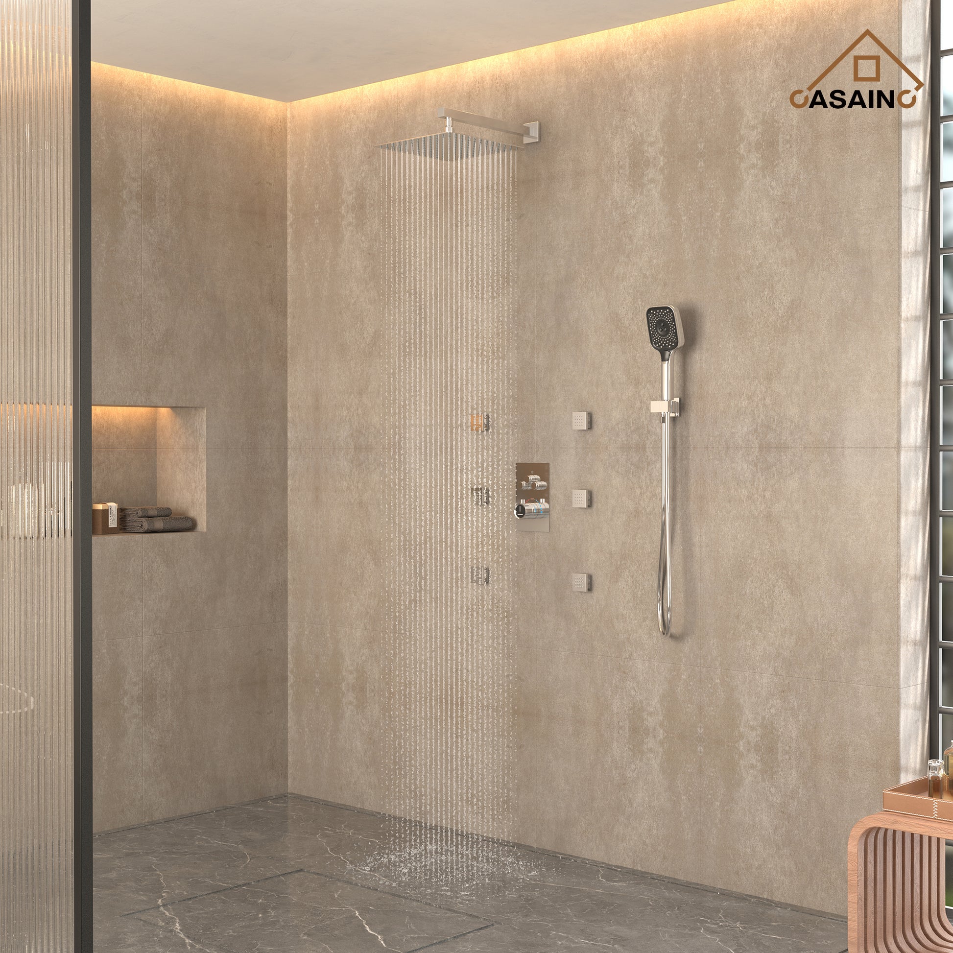 12" Wall-Mount Rainfall Shower System with Thermostatic Control & 6 Body Jets