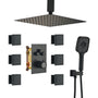 12" Ceiling Mount Thermostatic Rainfall Shower Systems with Body Sprays, multi function rain shower heads, dual head with hand shower & body jets