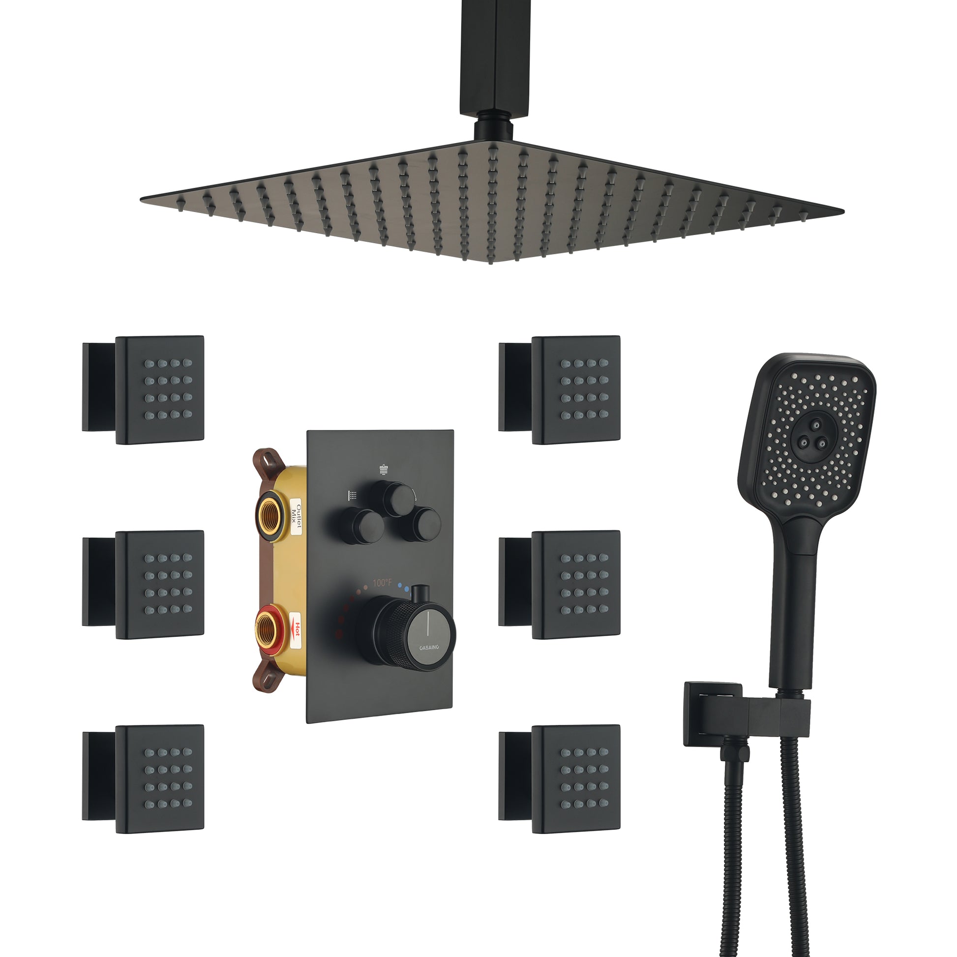 12" Ceiling Mount Thermostatic Rainfall Shower Systems with Body Sprays, multi function rain shower heads, dual head with hand shower & body jets