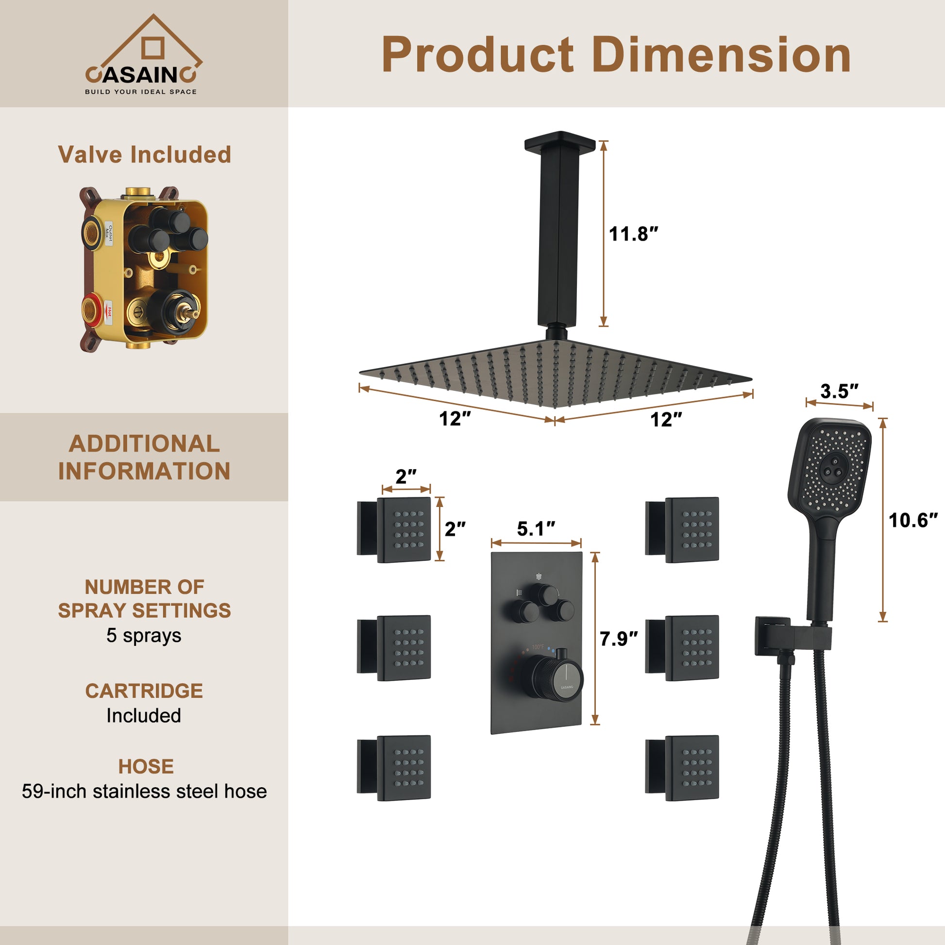 Celling Mount 12 Inch Rainfall Shower Head 3 Function Thermostatic Shower System  with 6 Body Jets