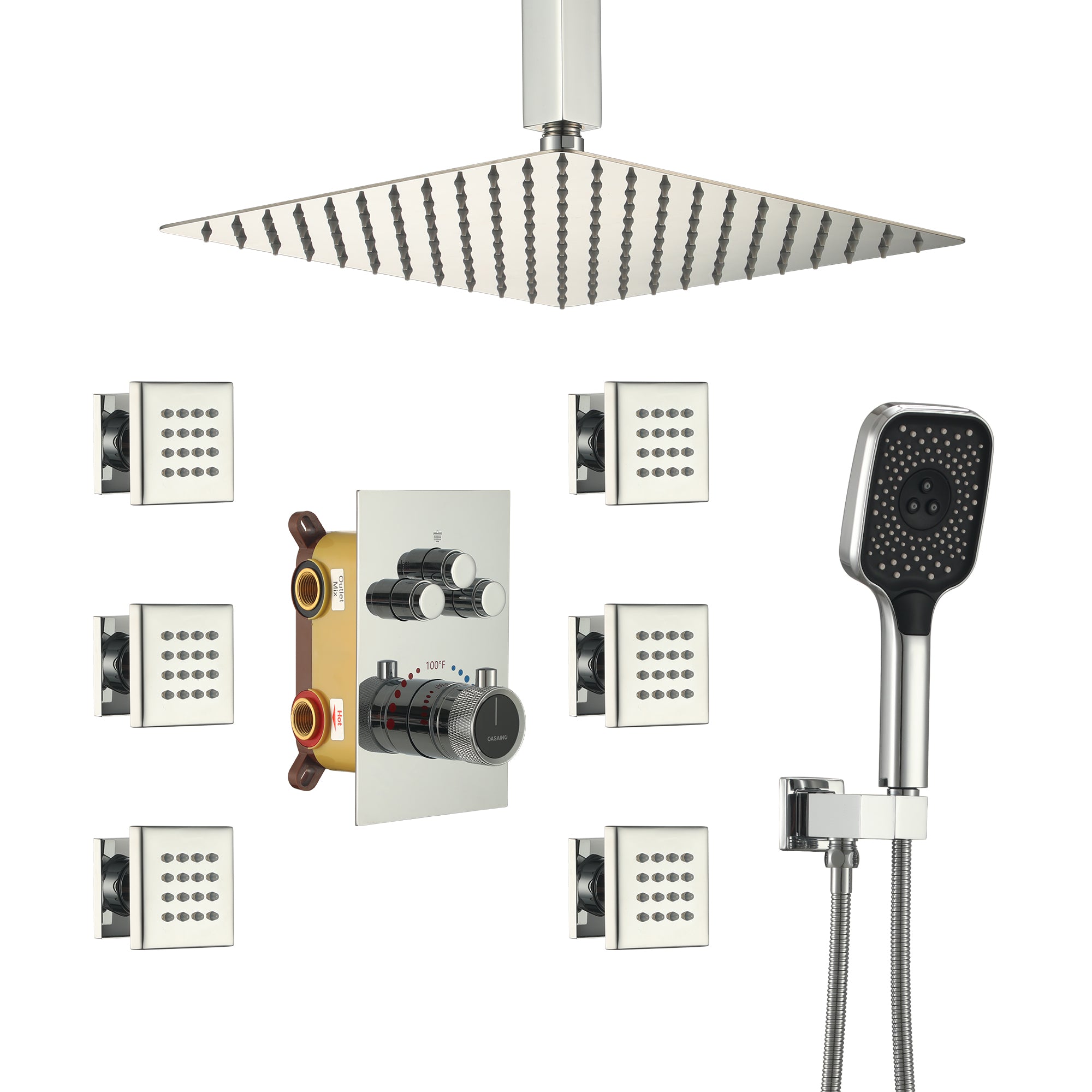 Celling Mount 12 Inch Rainfall Shower Head 3 Function Thermostatic Shower System  with 6 Body Jets