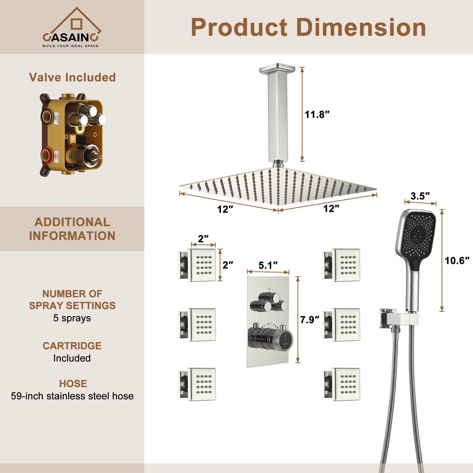 Celling Mount 12 Inch Rainfall Shower Head 3 Function Thermostatic Shower System  with 6 Body Jets