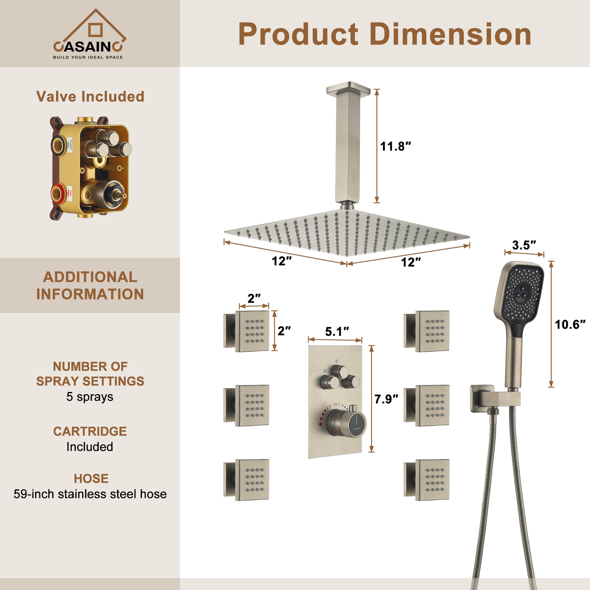 Celling Mount 12 Inch Rainfall Shower Head 3 Function Thermostatic Shower System  with 6 Body Jets