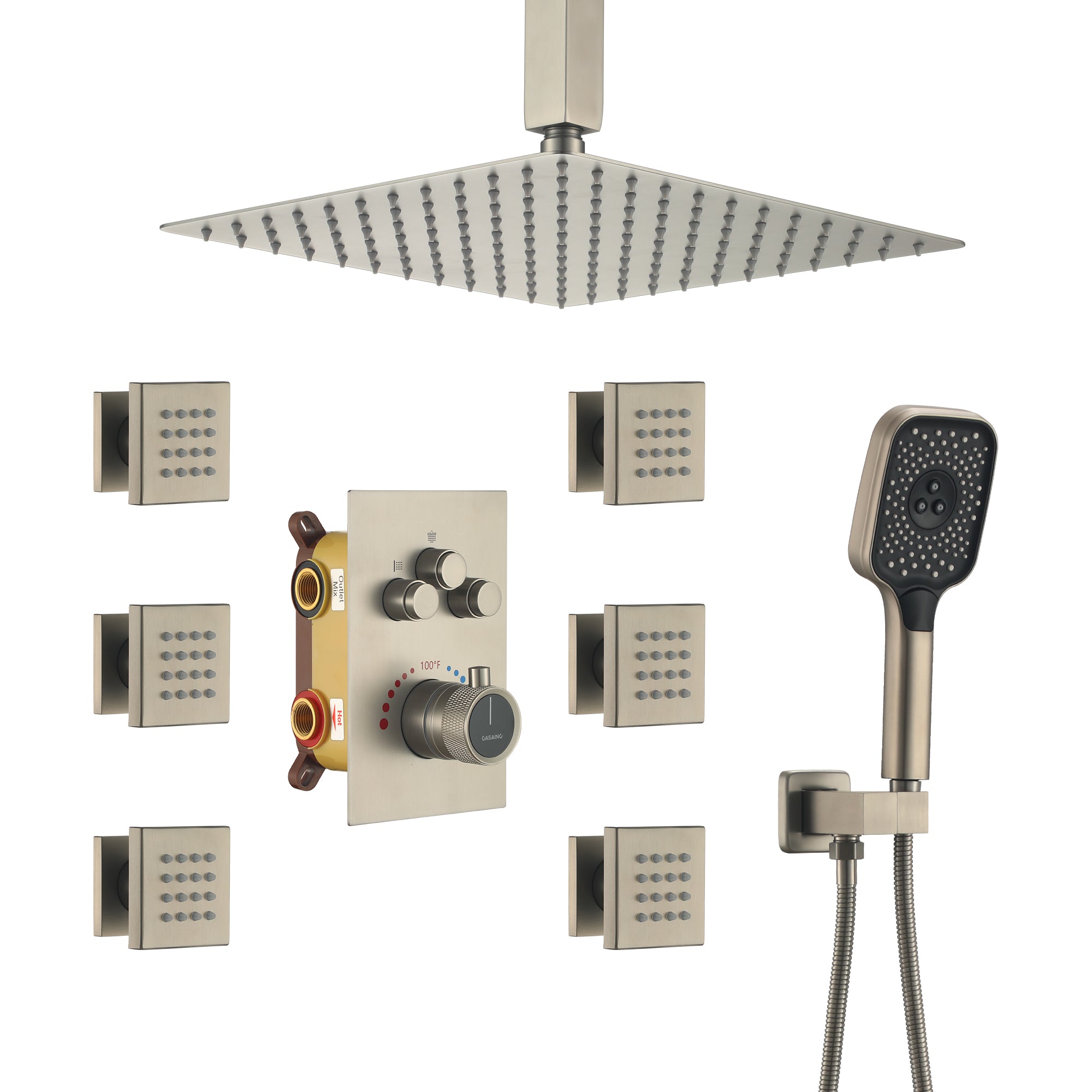 Celling Mount 12 Inch Rainfall Shower Head 3 Function Thermostatic Shower System  with 6 Body Jets