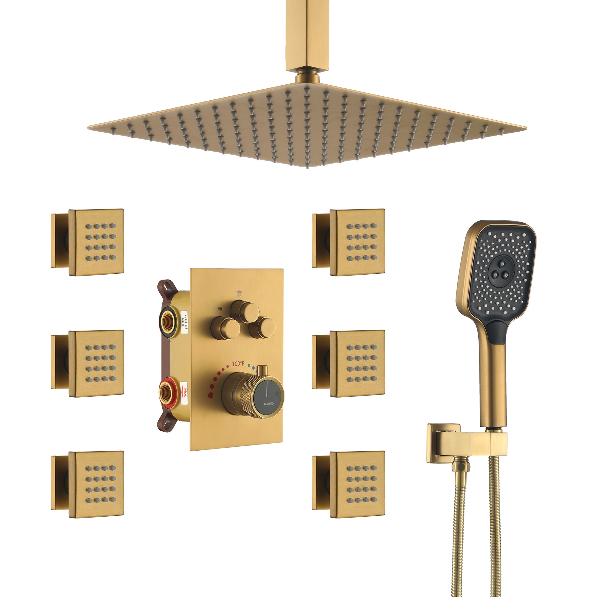 Celling Mount 12 Inch Rainfall Shower Head 3 Function Thermostatic Shower System  with 6 Body Jets