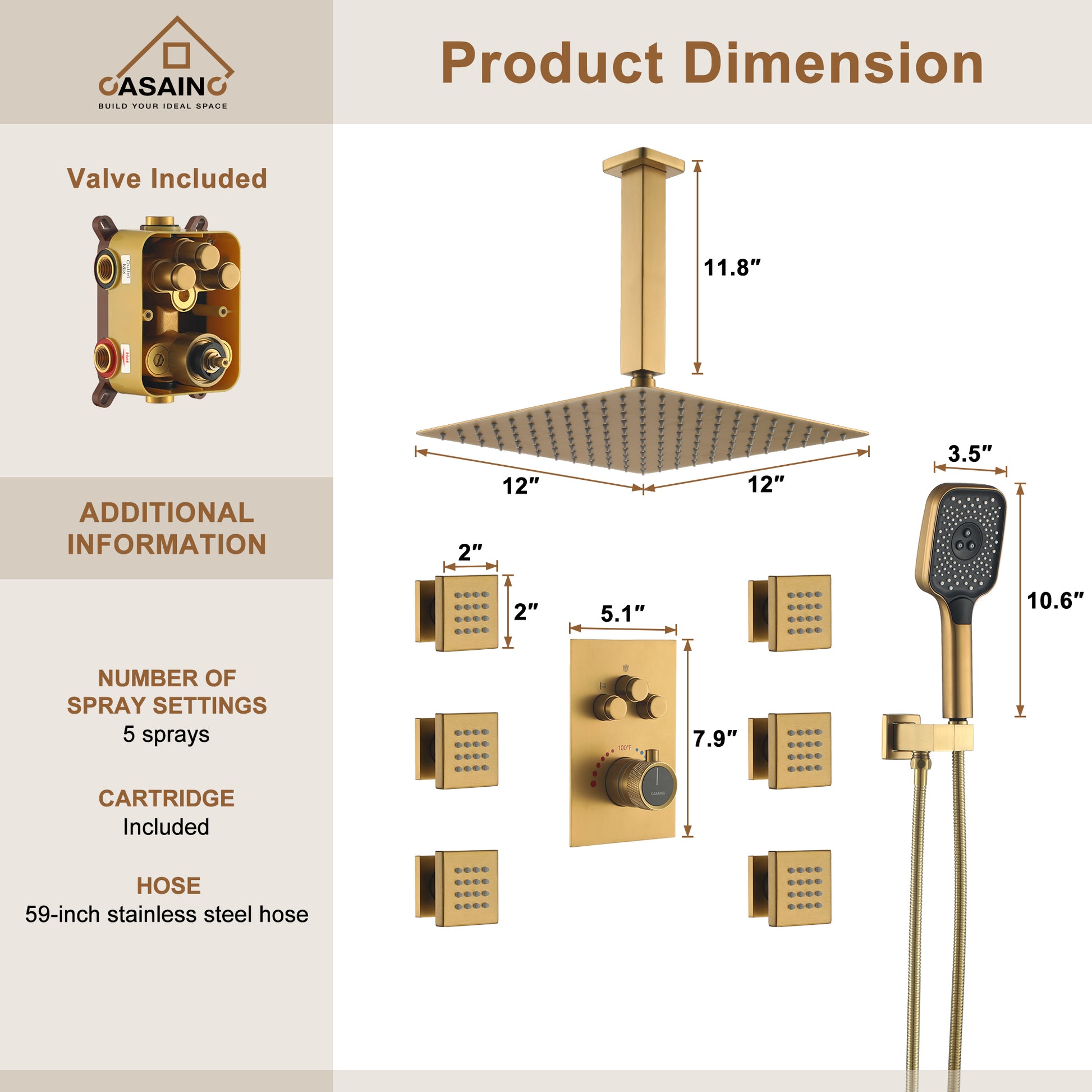 Celling Mount 12 Inch Rainfall Shower Head 3 Function Thermostatic Shower System  with 6 Body Jets
