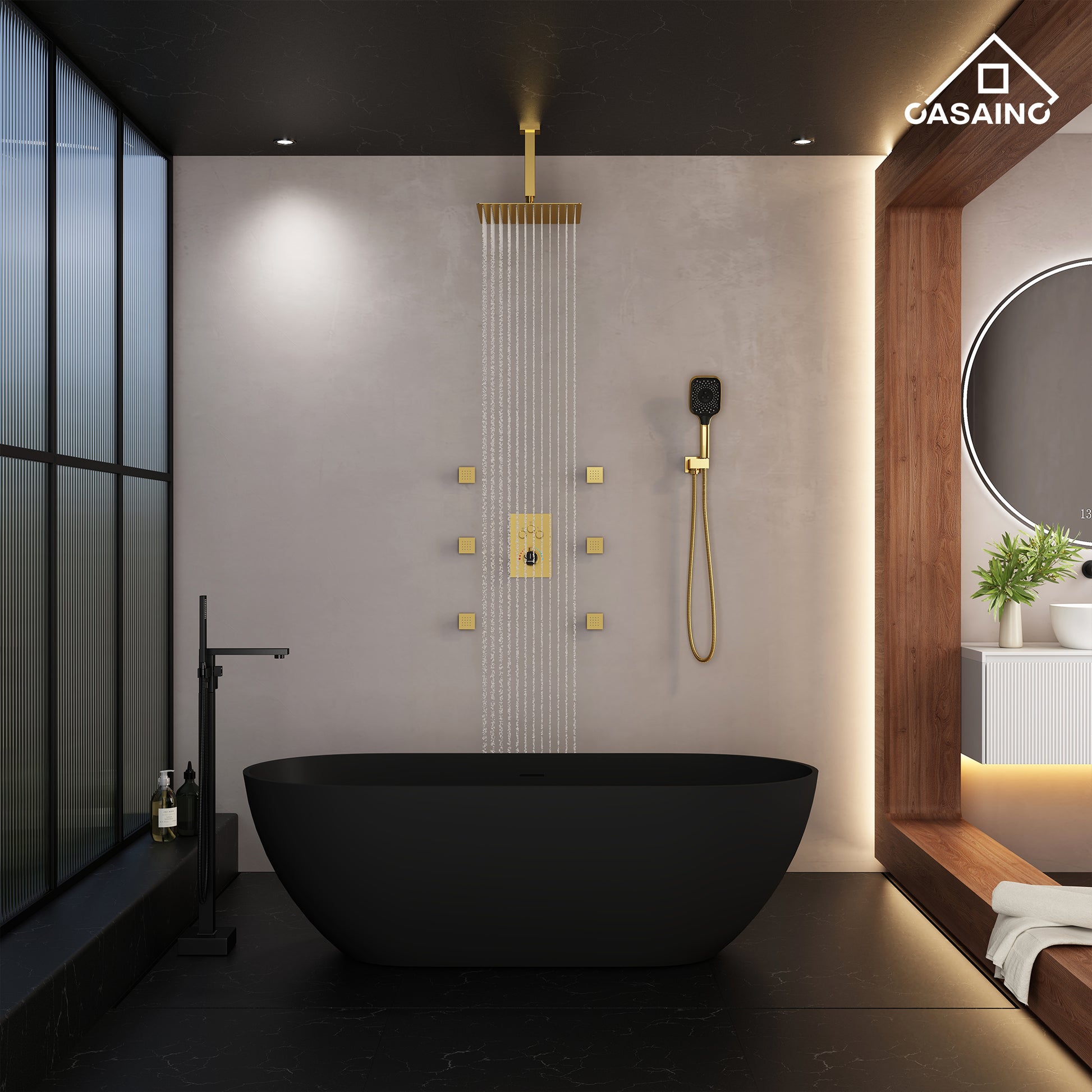 12" Ceiling Mount Thermostatic Rainfall Shower Systems with Body Sprays