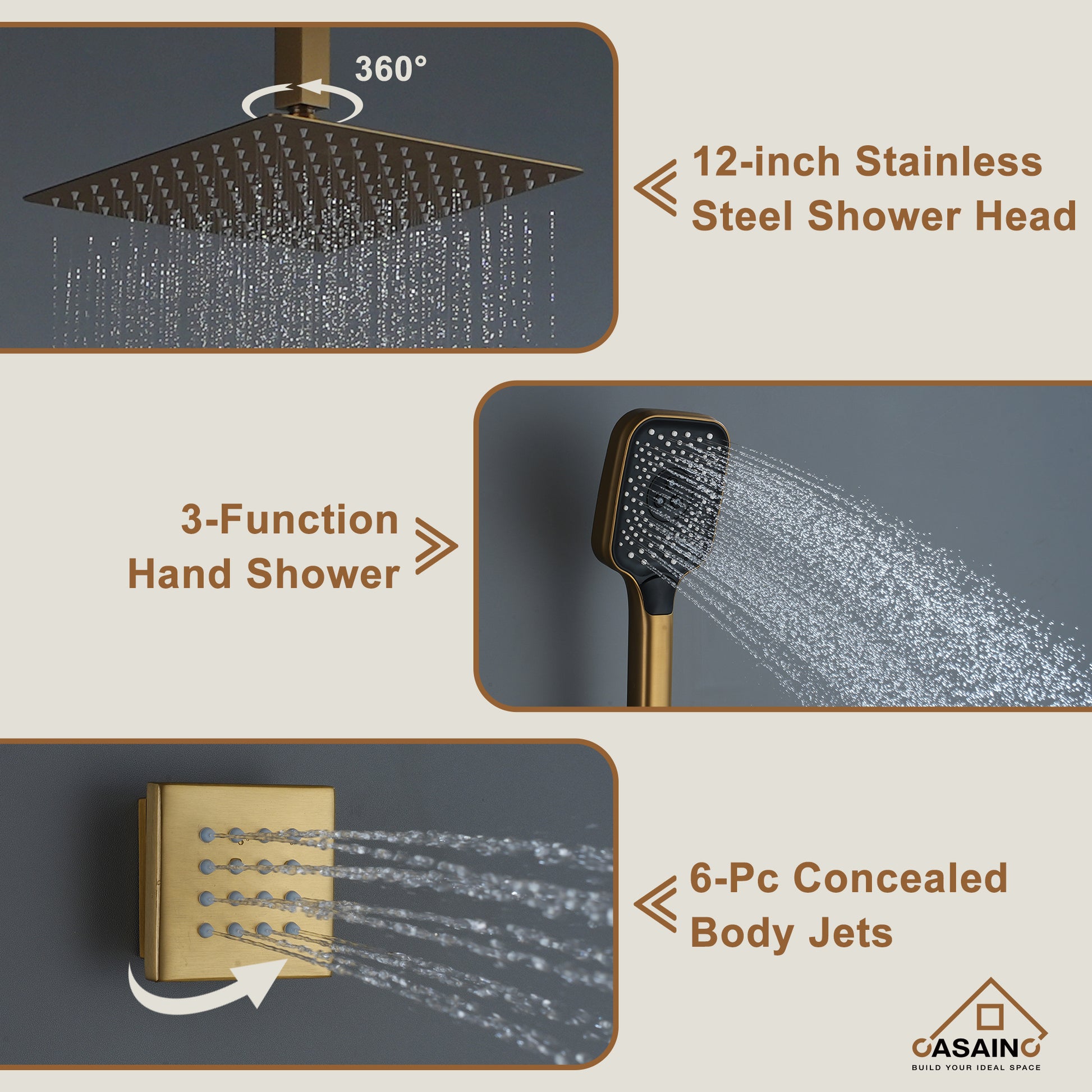 Celling Mount 12 Inch Rainfall Shower Head 3 Function Thermostatic Shower System  with 6 Body Jets