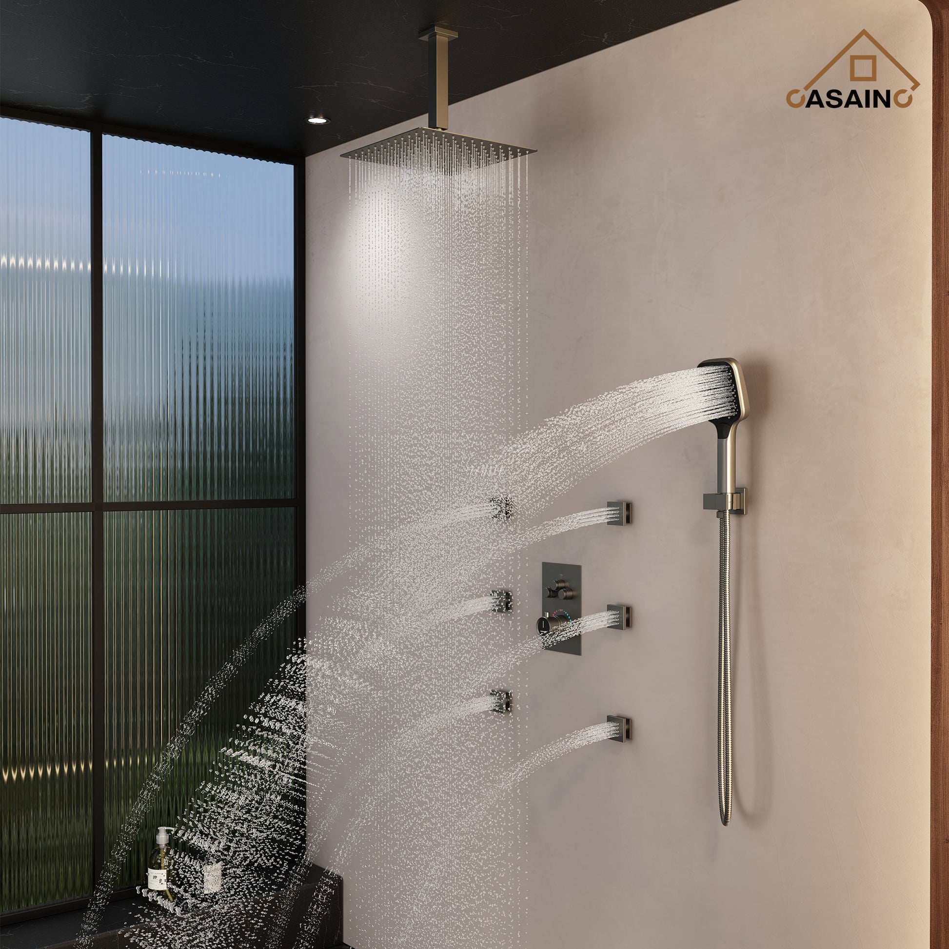 12" Ceiling Mount Thermostatic Rainfall Shower Systems with Body Sprays