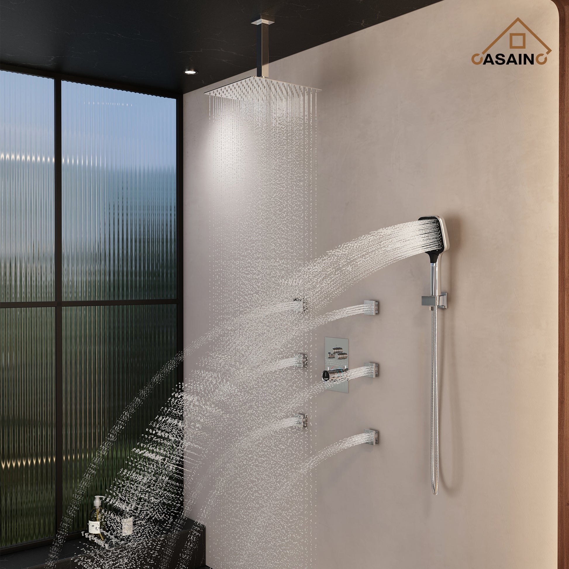 12" Ceiling Mount Thermostatic Rainfall Shower Systems with Body Sprays