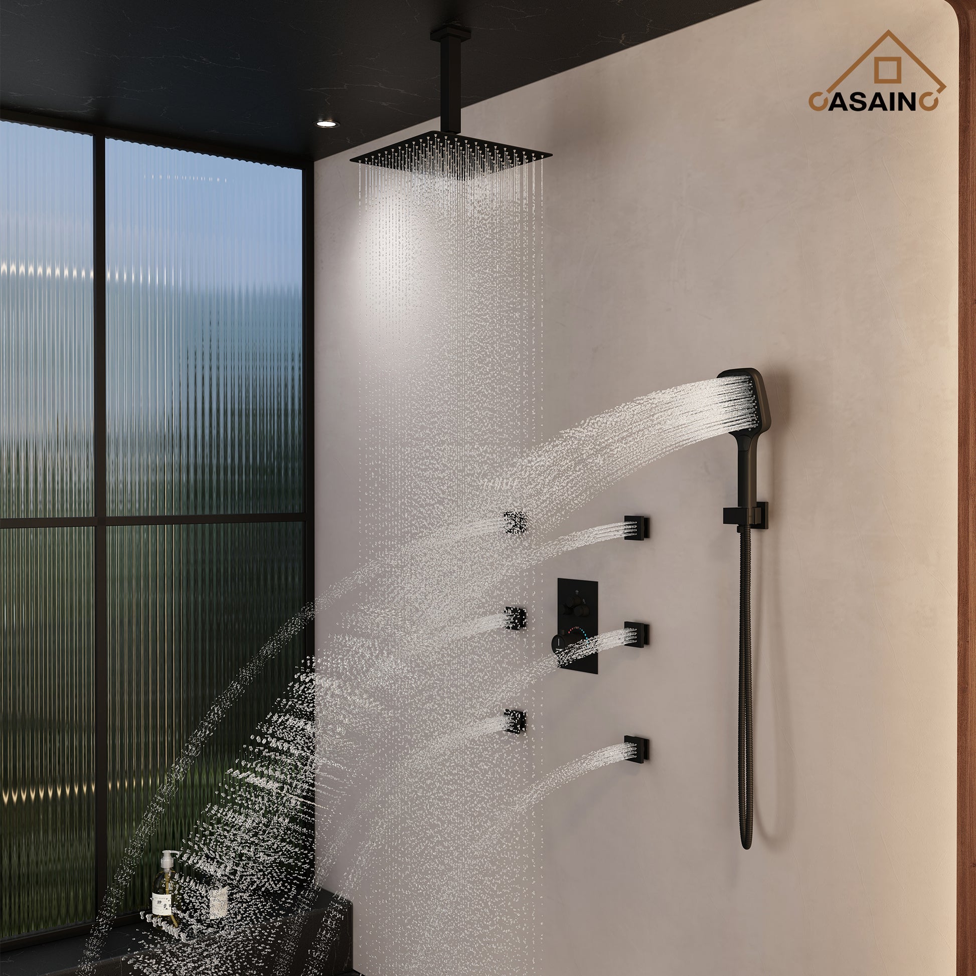 12" Ceiling Mount Thermostatic Rainfall Shower Systems with Body Sprays