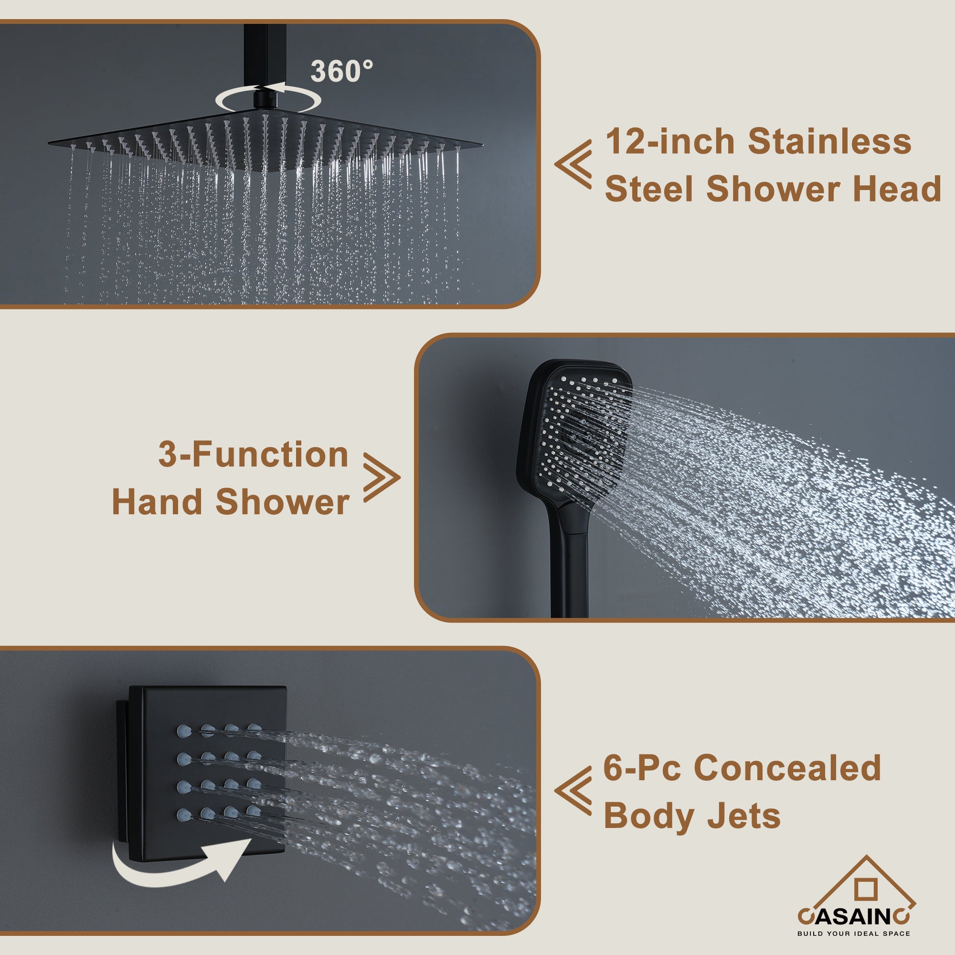 Celling Mount 12 Inch Rainfall Shower Head 3 Function Thermostatic Shower System  with 6 Body Jets