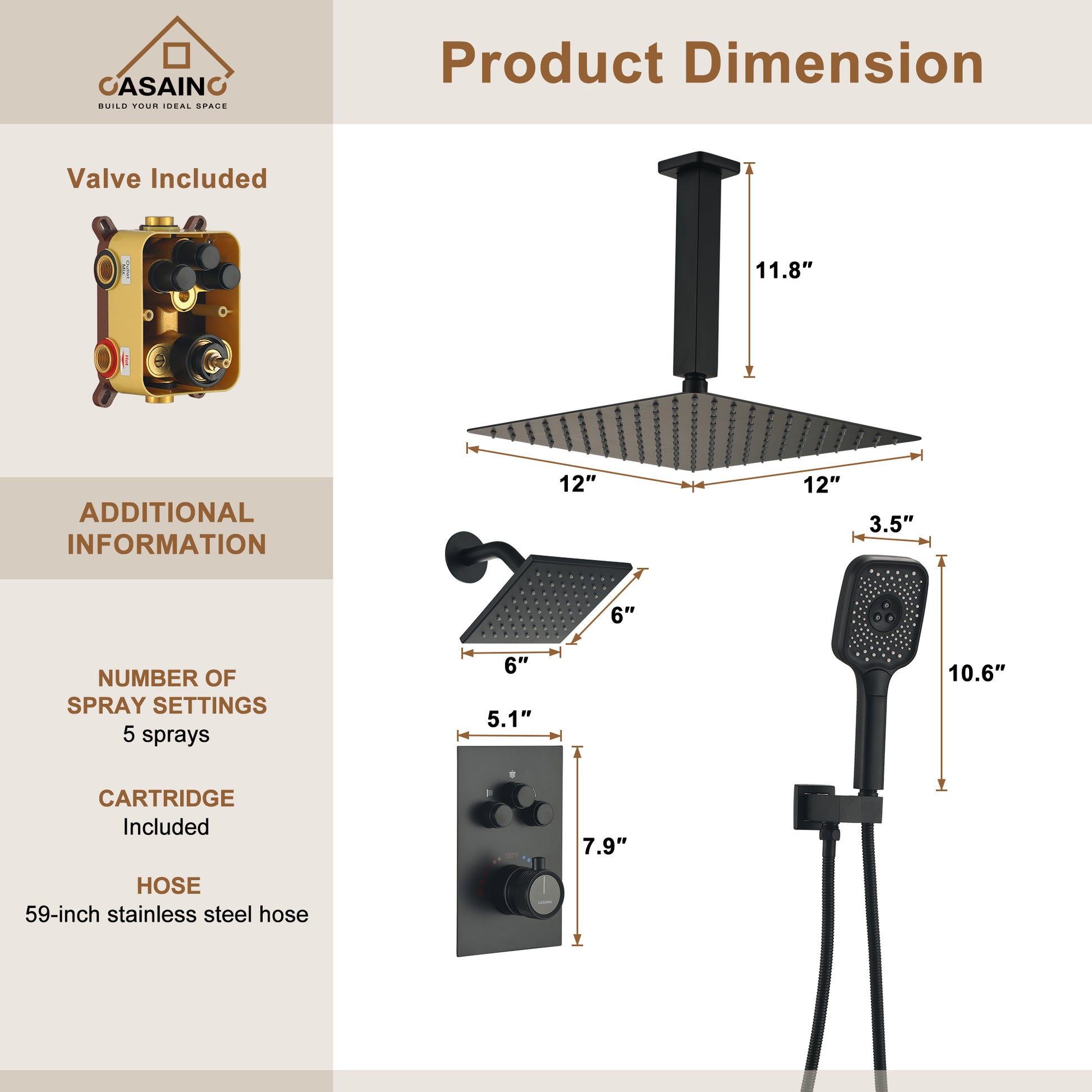 Celling Mount 12 Inch Rainfall Shower Head 3 Function Thermostatic Shower System  Wth Wall Mount 6 Inch Regular Shower Head
