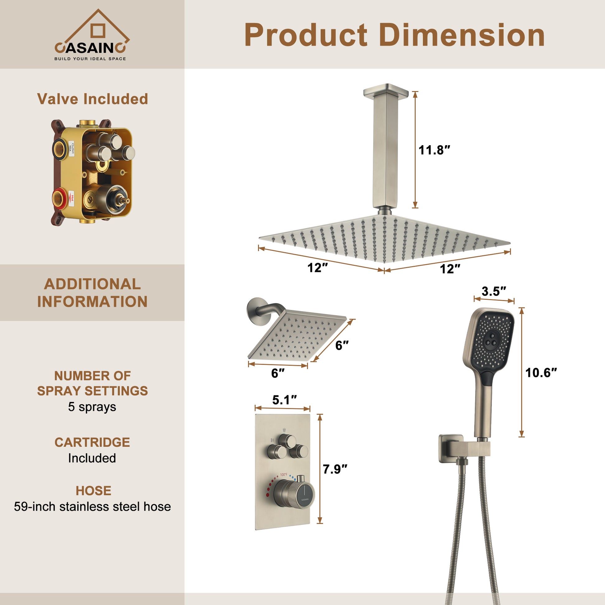 Celling Mount 12 Inch Rainfall Shower Head 3 Function Thermostatic Shower System  Wth Wall Mount 6 Inch Regular Shower Head