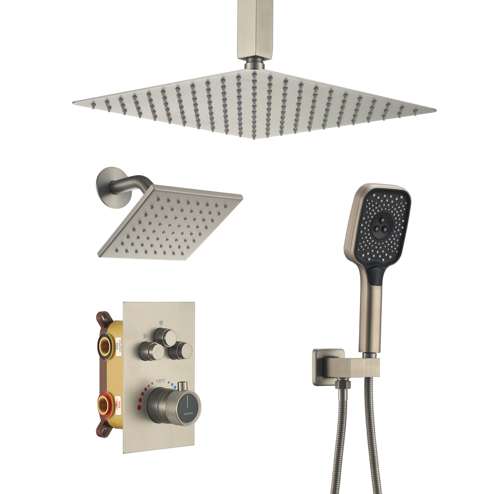 Celling Mount 12 Inch Rainfall Shower Head 3 Function Thermostatic Shower System  Wth Wall Mount 6 Inch Regular Shower Head