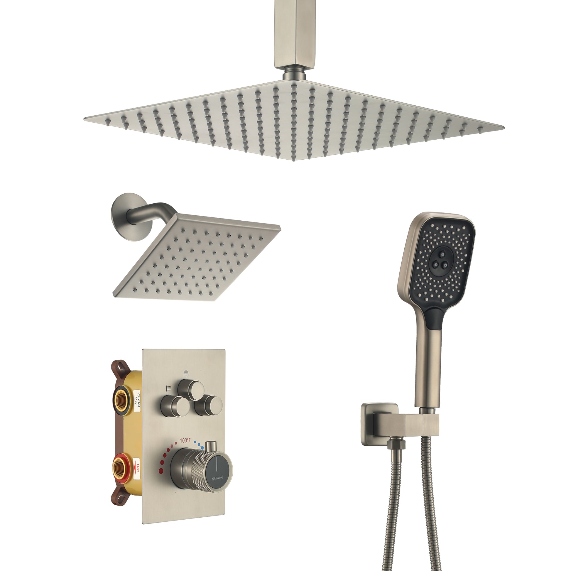 Celling Mount 12 Inch Rainfall Shower Head 3 Function Thermostatic Shower System  Wth Wall Mount 6 Inch Regular Shower Head