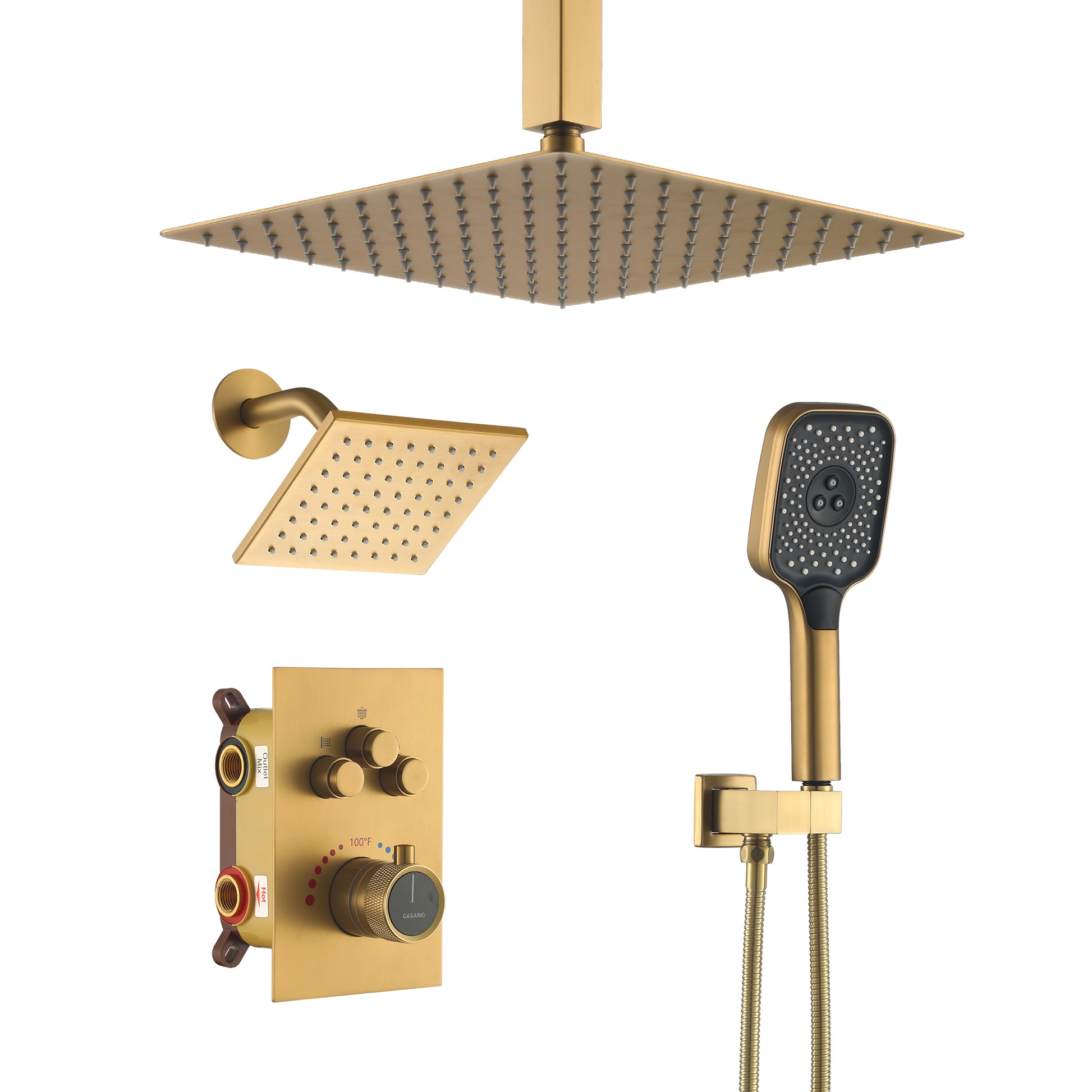 Celling Mount 12 Inch Rainfall Shower Head 3 Function Thermostatic Shower System  Wth Wall Mount 6 Inch Regular Shower Head