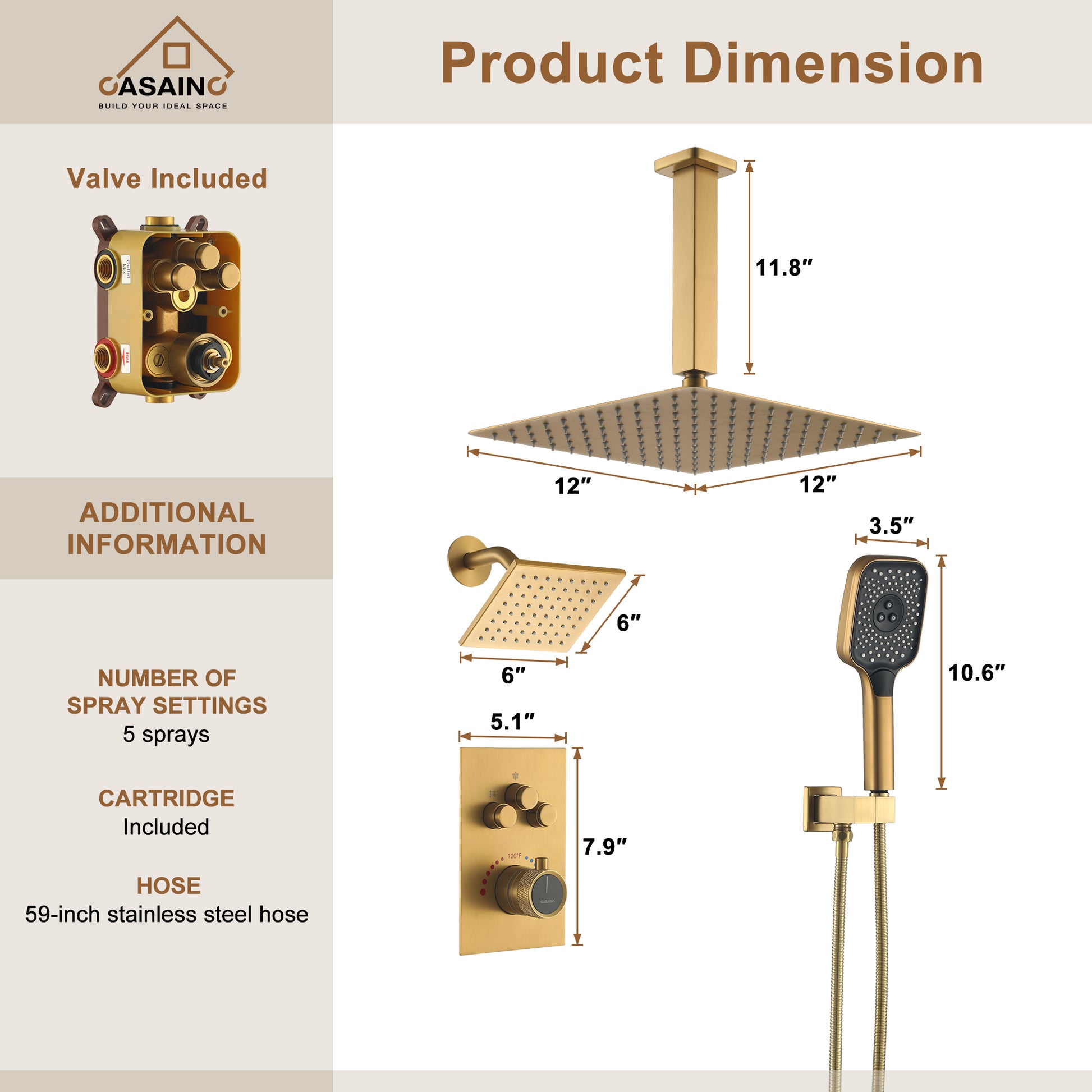 Celling Mount 12 Inch Rainfall Shower Head 3 Function Thermostatic Shower System  Wth Wall Mount 6 Inch Regular Shower Head