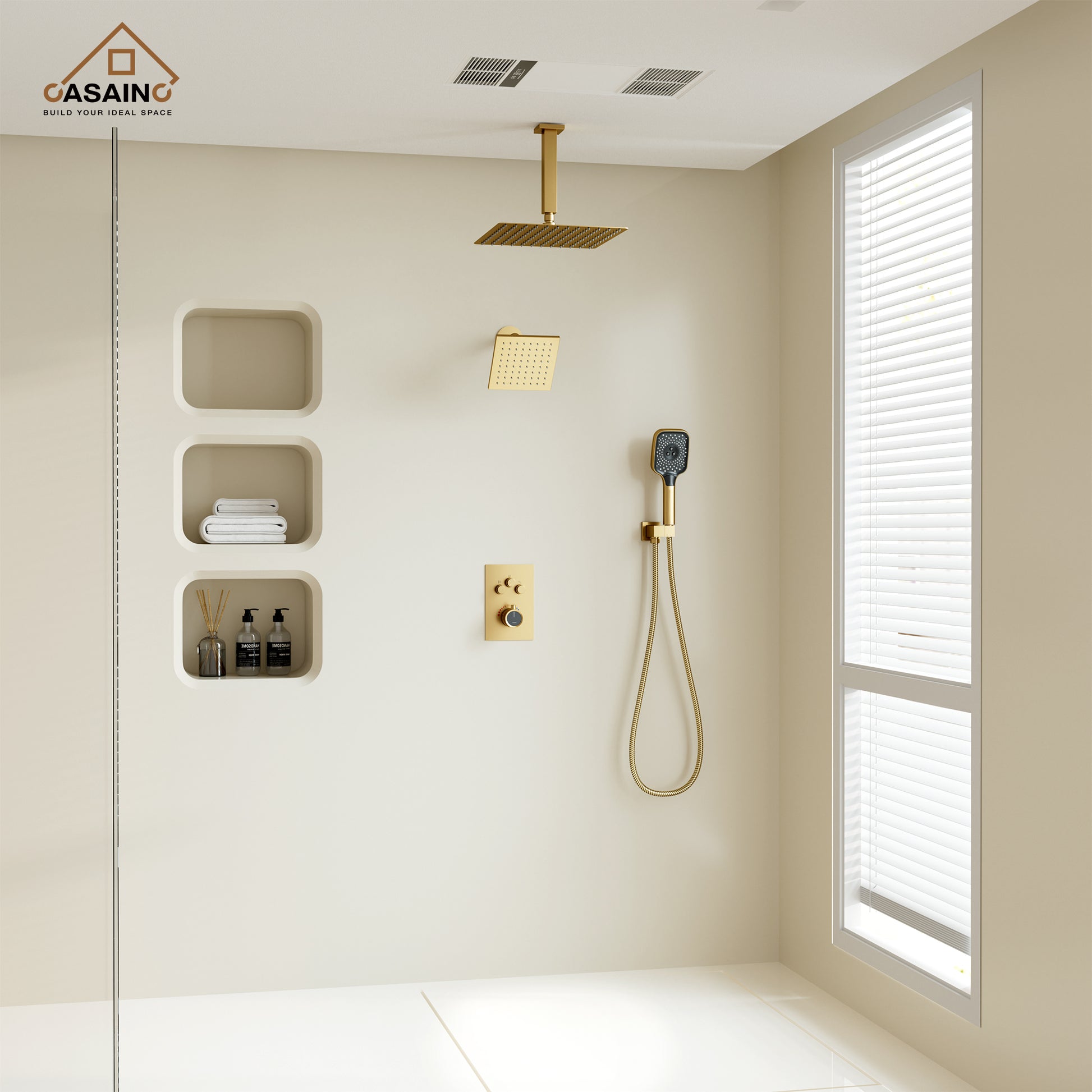 Celling Mount 12 Inch Rainfall Shower Head 3 Function Thermostatic Shower System  Wth Wall Mount 6 Inch Regular Shower Head