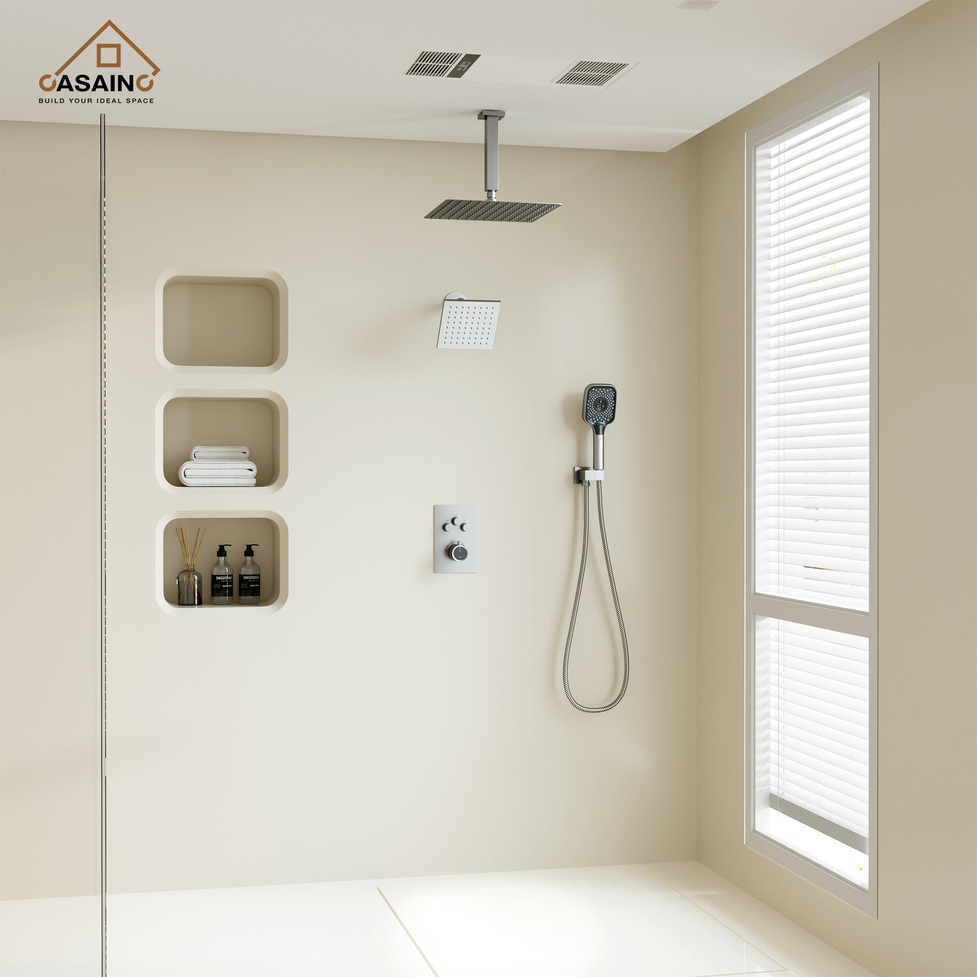 Celling Mount 12 Inch Rainfall Shower Head 3 Function Thermostatic Shower System  Wth Wall Mount 6 Inch Regular Shower Head