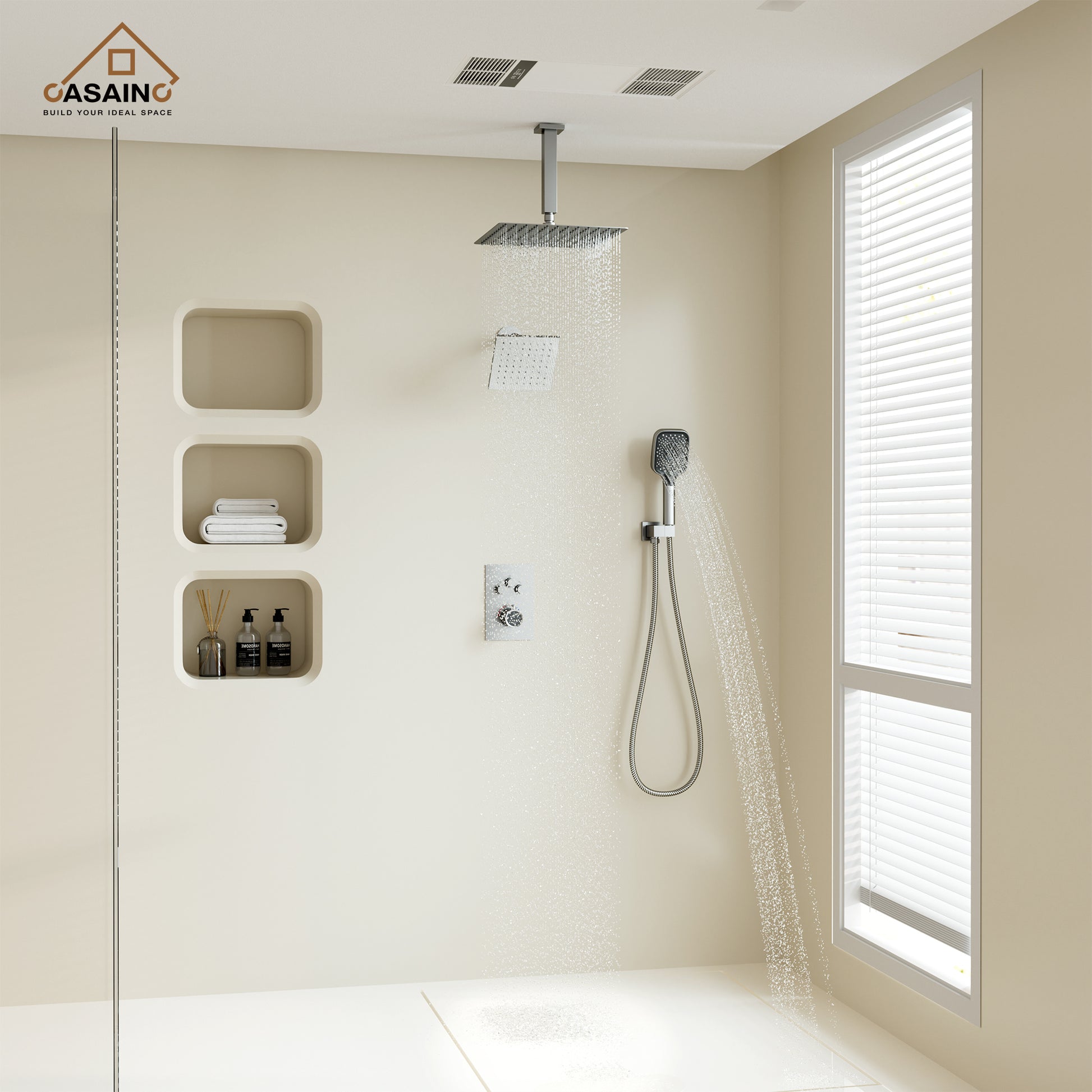 Celling Mount 12 Inch Rainfall Shower Head 3 Function Thermostatic Shower System  Wth Wall Mount 6 Inch Regular Shower Head