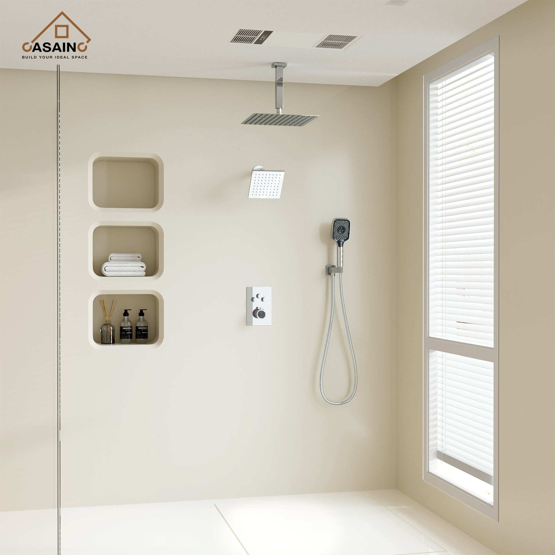 Celling Mount 12 Inch Rainfall Shower Head 3 Function Thermostatic Shower System  Wth Wall Mount 6 Inch Regular Shower Head