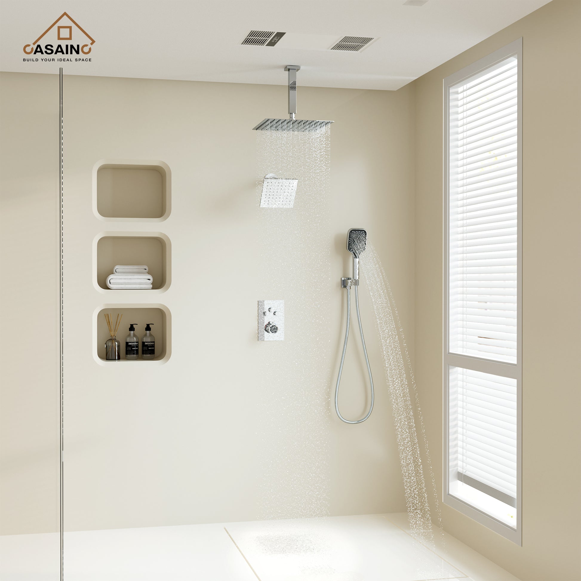Celling Mount 12 Inch Rainfall Shower Head 3 Function Thermostatic Shower System  Wth Wall Mount 6 Inch Regular Shower Head