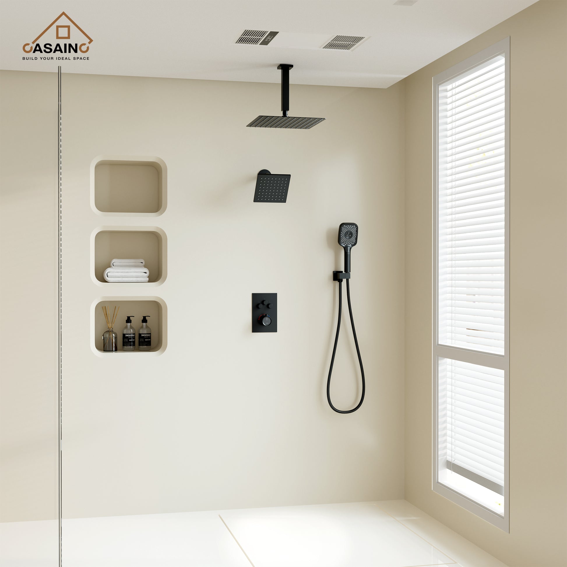 Celling Mount 12 Inch Rainfall Shower Head 3 Function Thermostatic Shower System  Wth Wall Mount 6 Inch Regular Shower Head