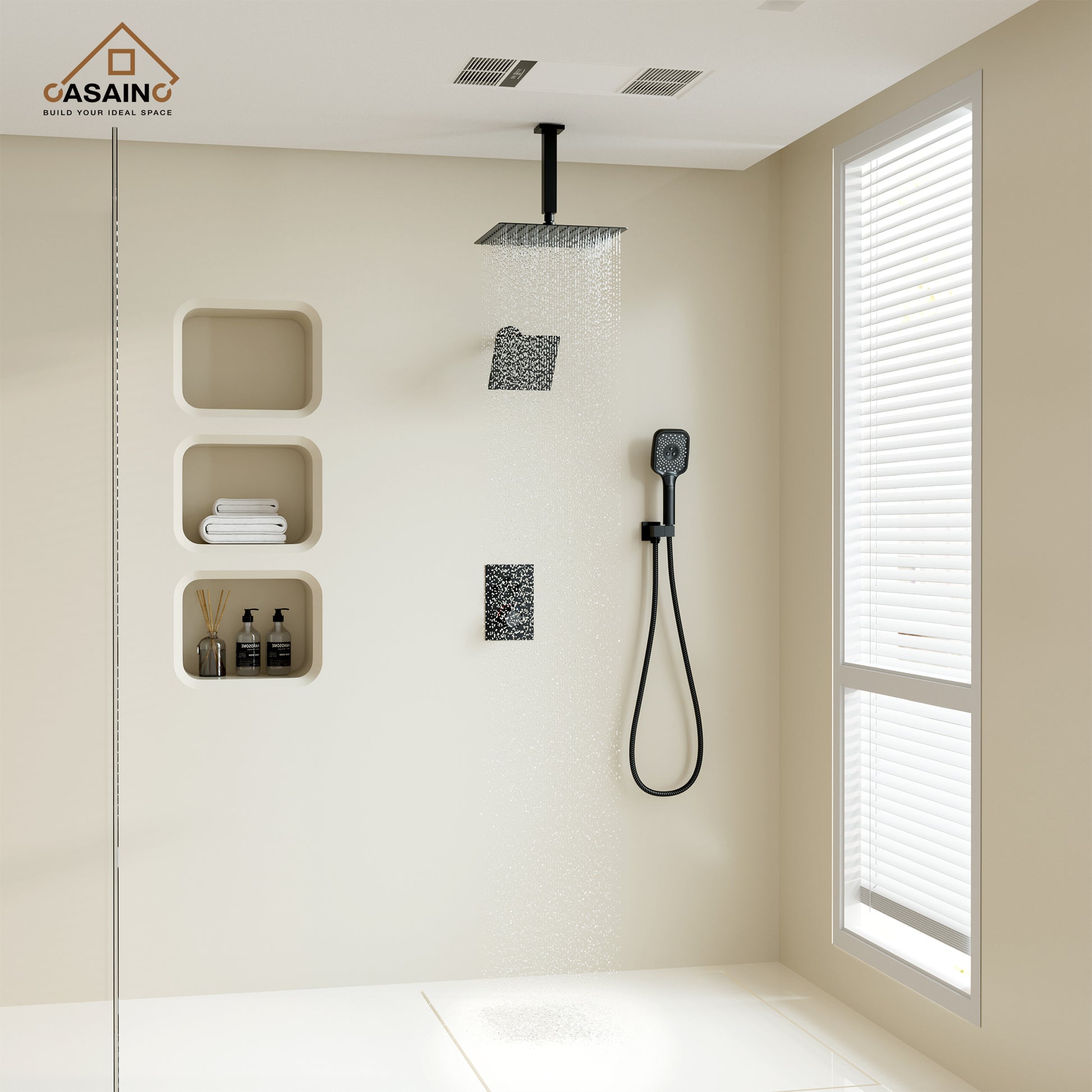 Celling Mount 12 Inch Rainfall Shower Head 3 Function Thermostatic Shower System  Wth Wall Mount 6 Inch Regular Shower Head