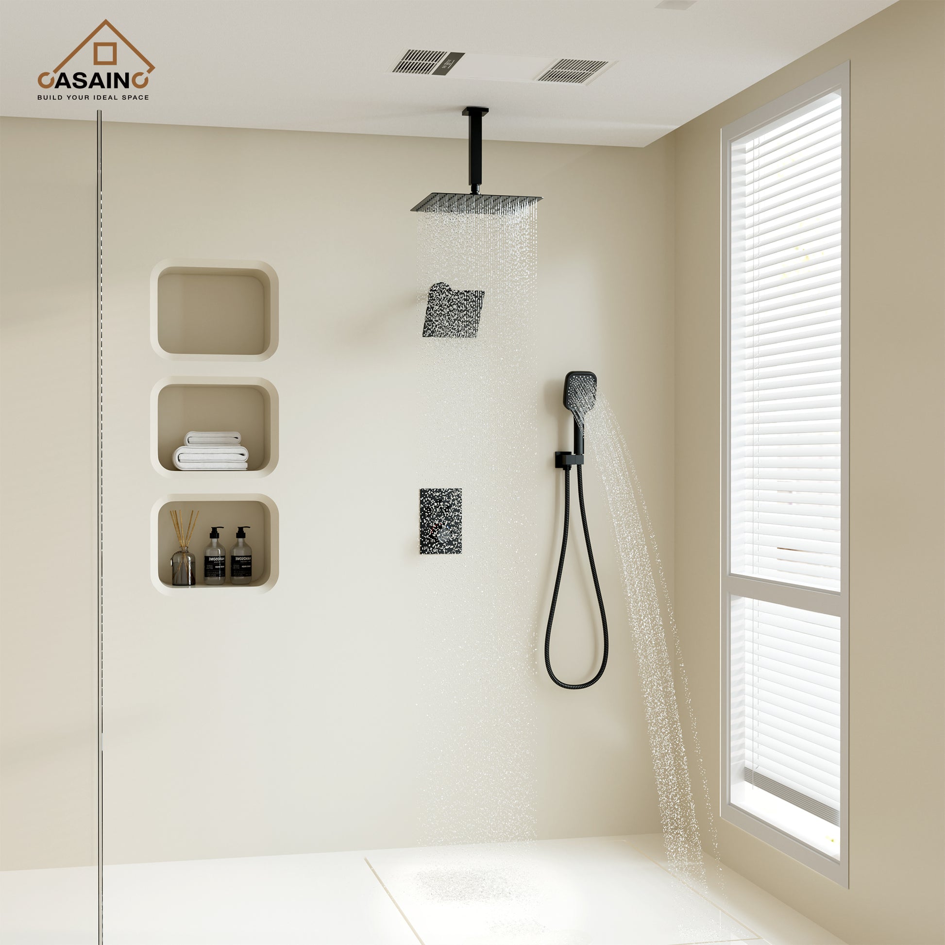 Celling Mount 12 Inch Rainfall Shower Head 3 Function Thermostatic Shower System  Wth Wall Mount 6 Inch Regular Shower Head