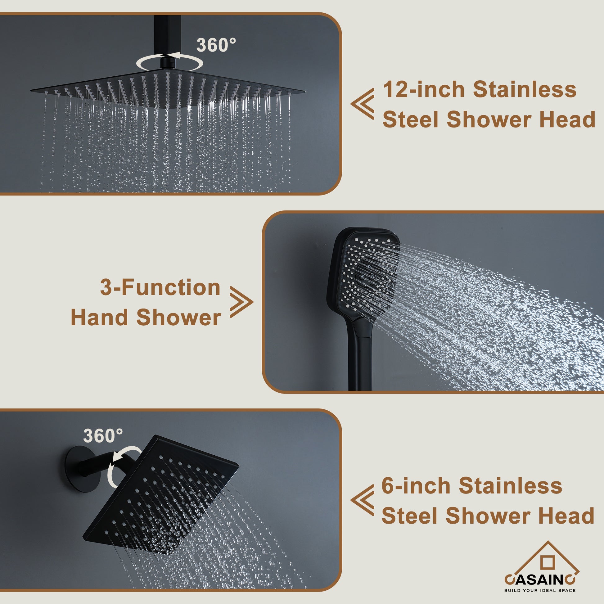 Celling Mount 12 Inch Rainfall Shower Head 3 Function Thermostatic Shower System  Wth Wall Mount 6 Inch Regular Shower Head