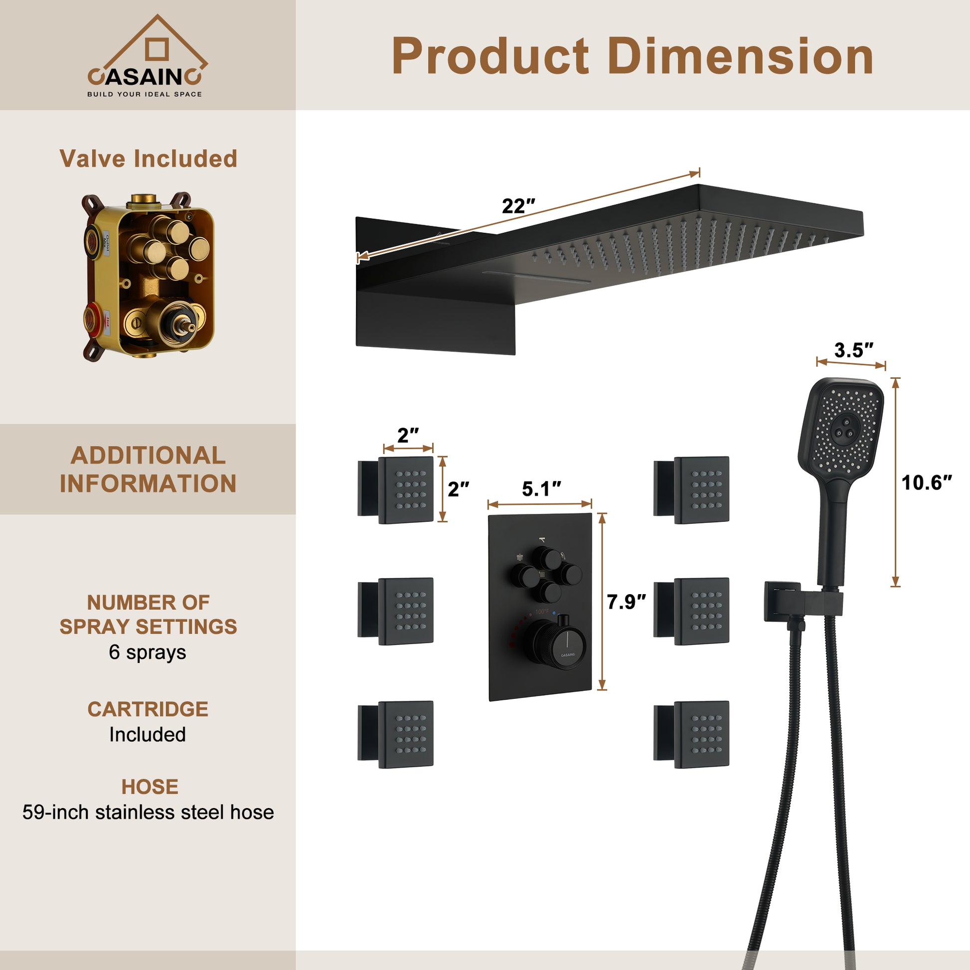 Wall Mounted 20 Inch Rectangular Dual-function Rainfall Shower Head 4 Function Thermostatic Shower System , With  6 Body Jets