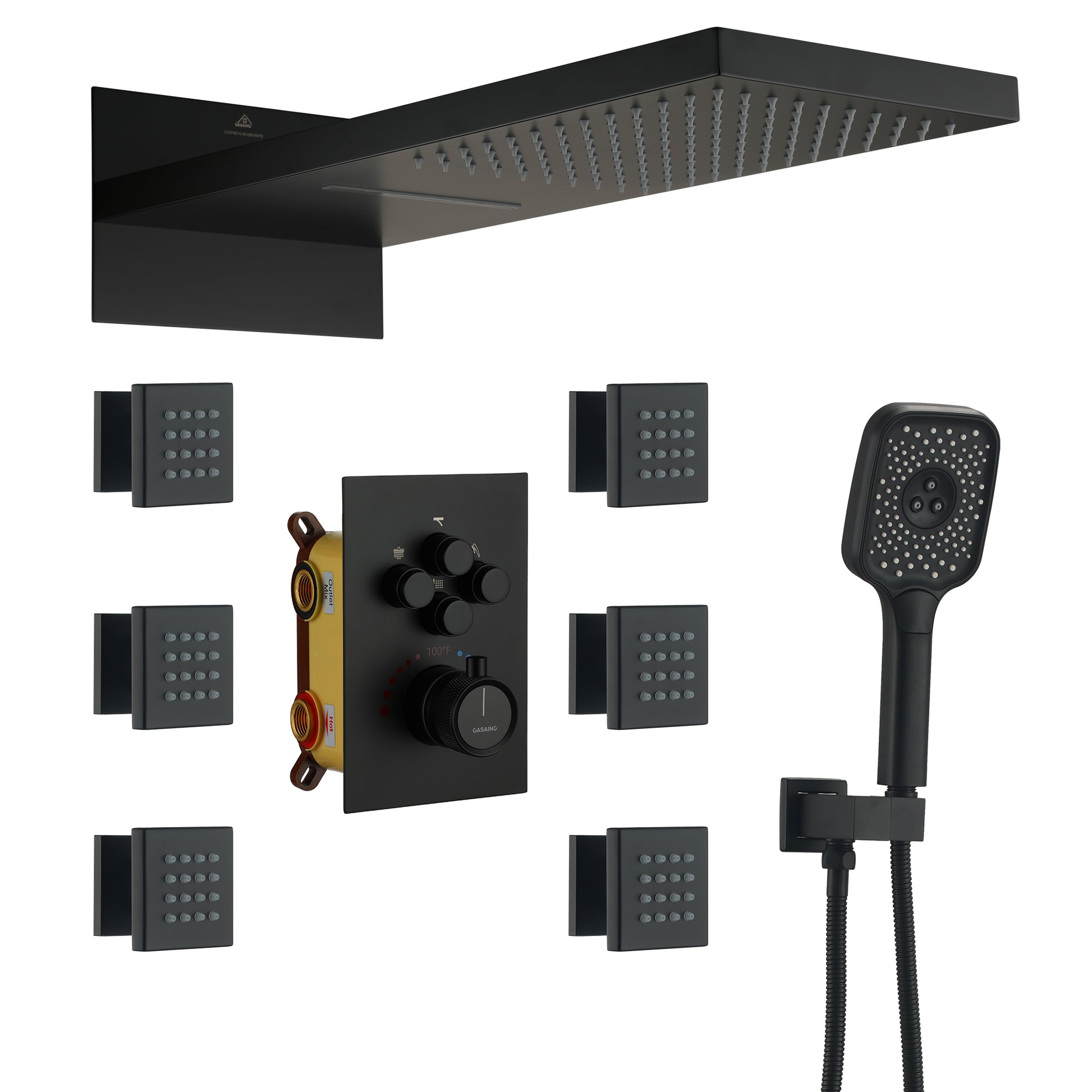 Wall Mounted 20 Inch Rectangular Dual-function Rainfall Shower Head 4 Function Thermostatic Shower System , With  6 Body Jets