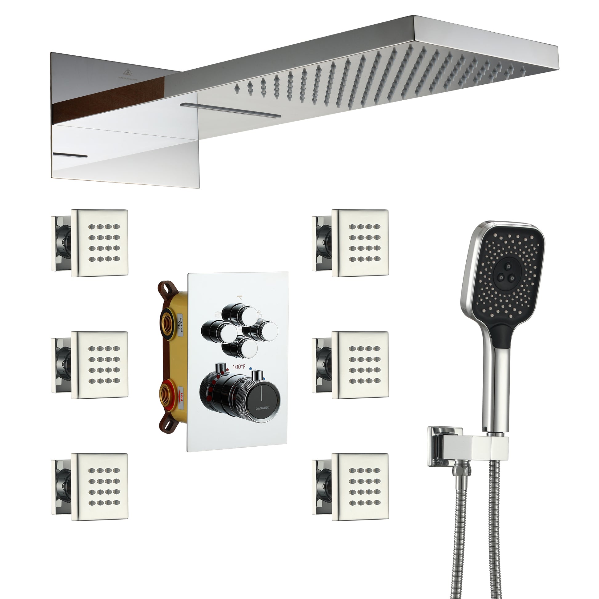 Wall Mounted 20 Inch Rectangular Dual-function Rainfall Shower Head 4 Function Thermostatic Shower System , With  6 Body Jets