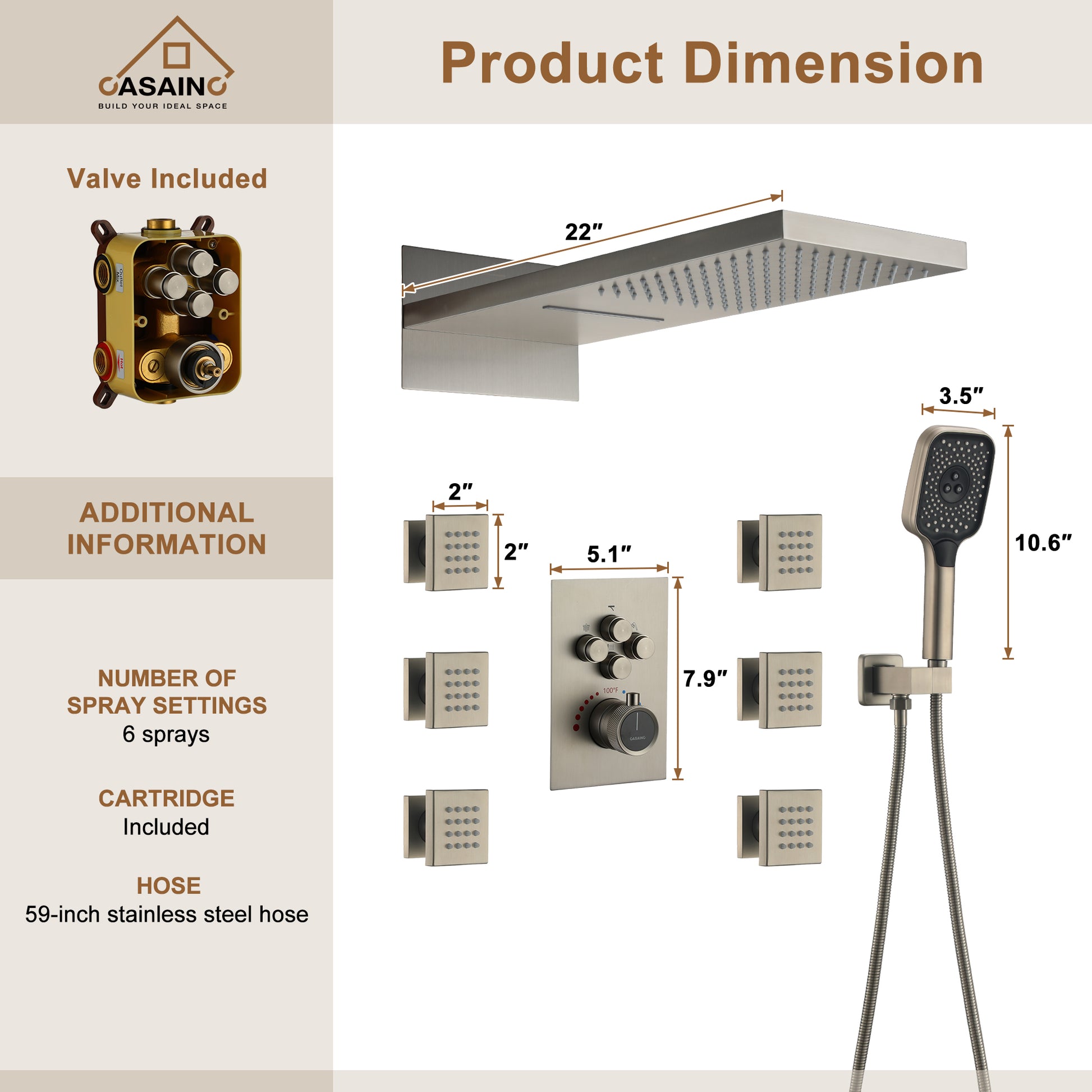 Wall Mounted 20 Inch Rectangular Dual-function Rainfall Shower Head 4 Function Thermostatic Shower System , With  6 Body Jets