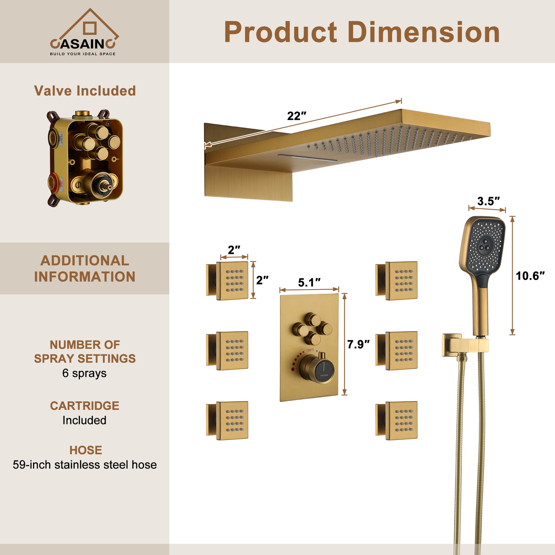 Wall Mounted 20 Inch Rectangular Dual-function Rainfall Shower Head 4 Function Thermostatic Shower System , With  6 Body Jets