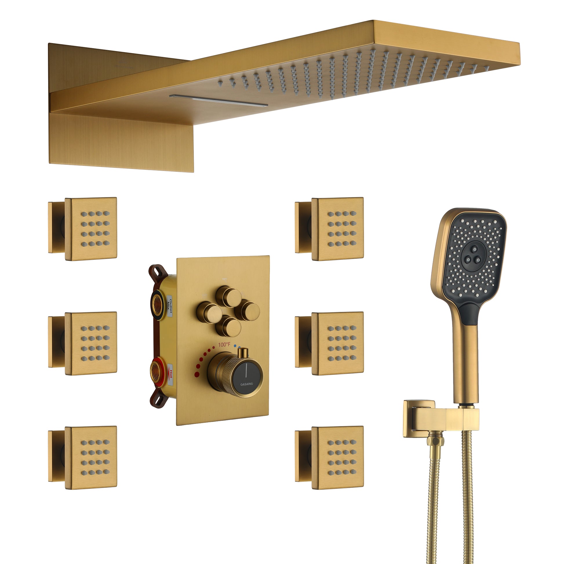 Wall Mounted 20 Inch Rectangular Dual-function Rainfall Shower Head 4 Function Thermostatic Shower System , With  6 Body Jets