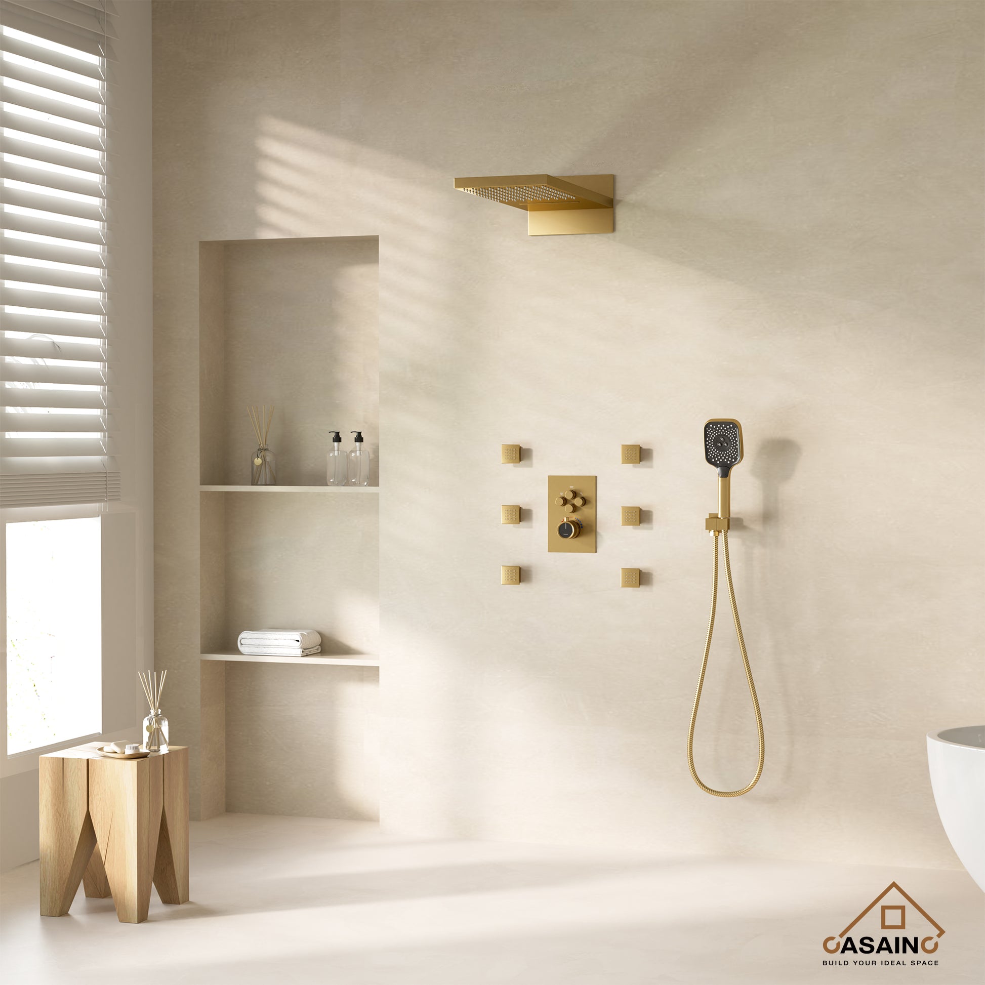 Wall Mounted 20 Inch Rectangular Dual-function Rainfall Shower Head 4 Function Thermostatic Shower System , With  6 Body Jets