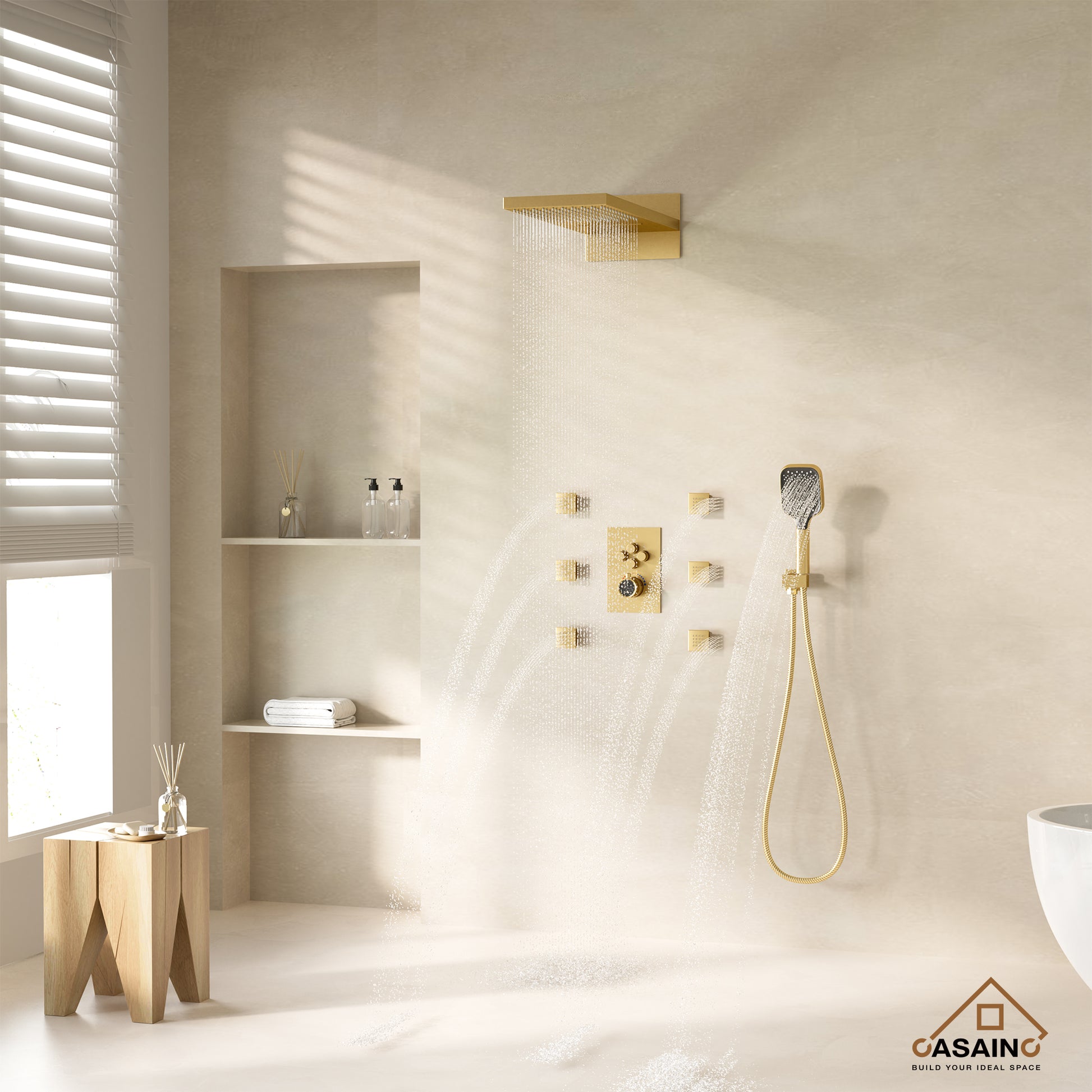 Wall Mounted 20 Inch Rectangular Dual-function Rainfall Shower Head 4 Function Thermostatic Shower System , With  6 Body Jets