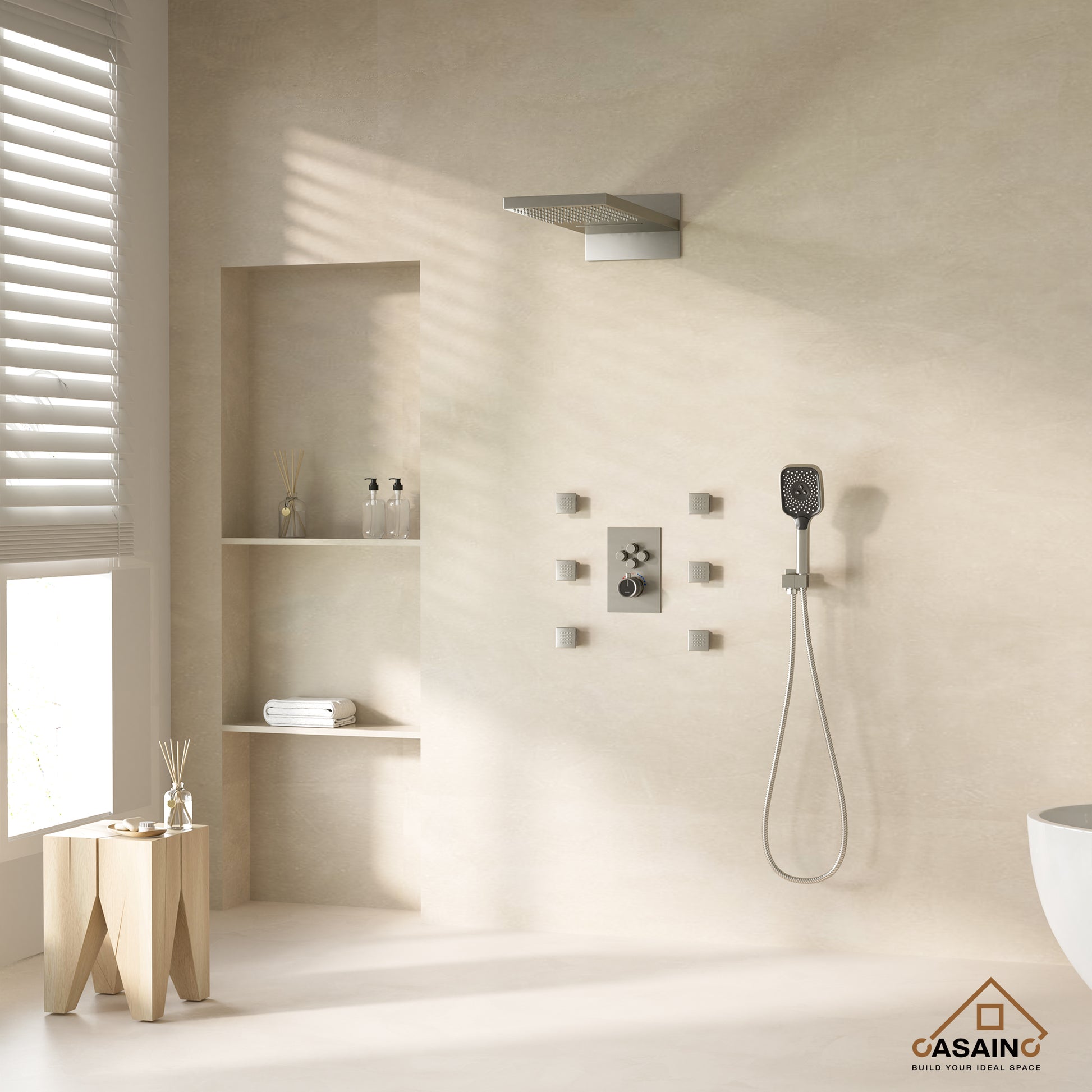 Wall Mounted 20 Inch Rectangular Dual-function Rainfall Shower Head 4 Function Thermostatic Shower System , With  6 Body Jets