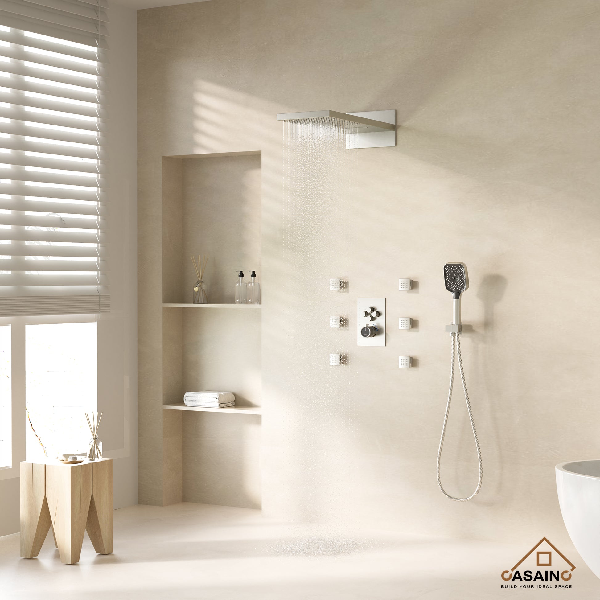 Wall Mounted 20 Inch Rectangular Dual-function Rainfall Shower Head 4 Function Thermostatic Shower System , With  6 Body Jets
